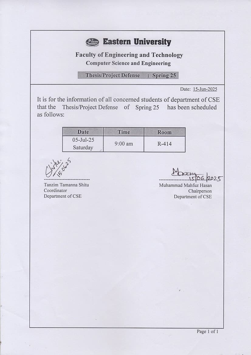 Thesis/Project Defense Notice of CSE, Spring 2025