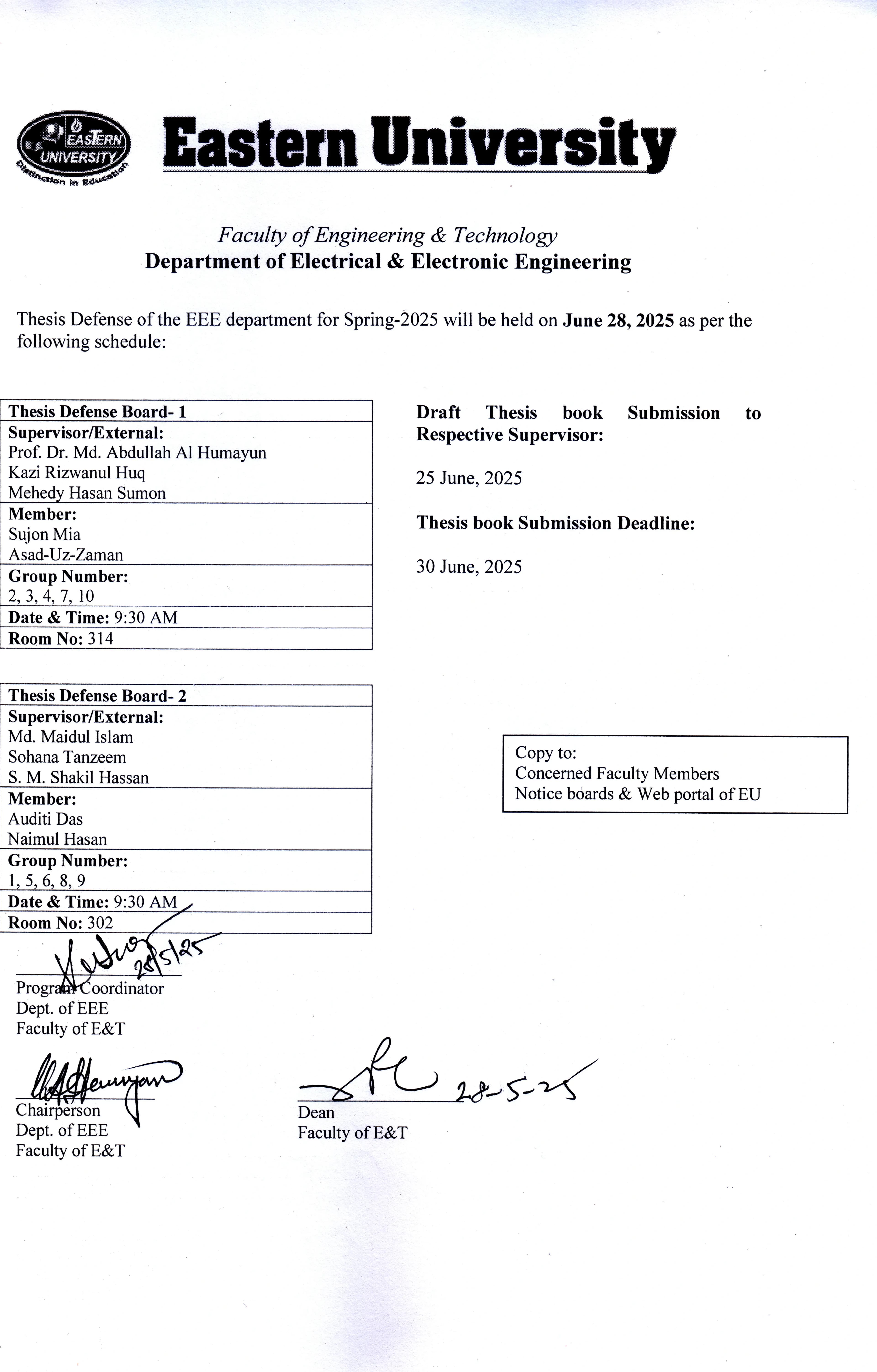 Thesis Defense Schedule of the EEE Department (Semester: Spring-2025)