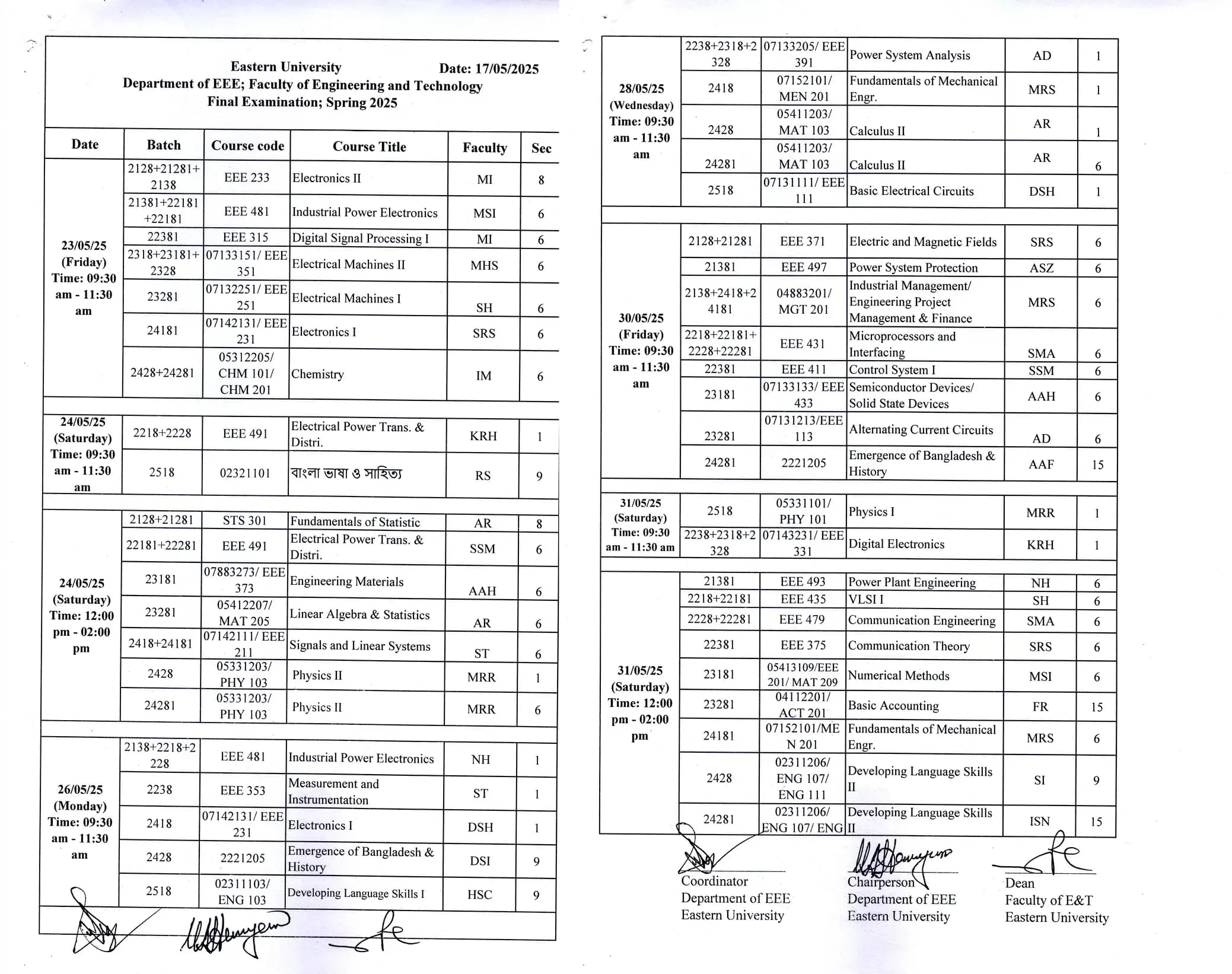 Final Examination Routine : Semester-Spring 2025
Department of EEE