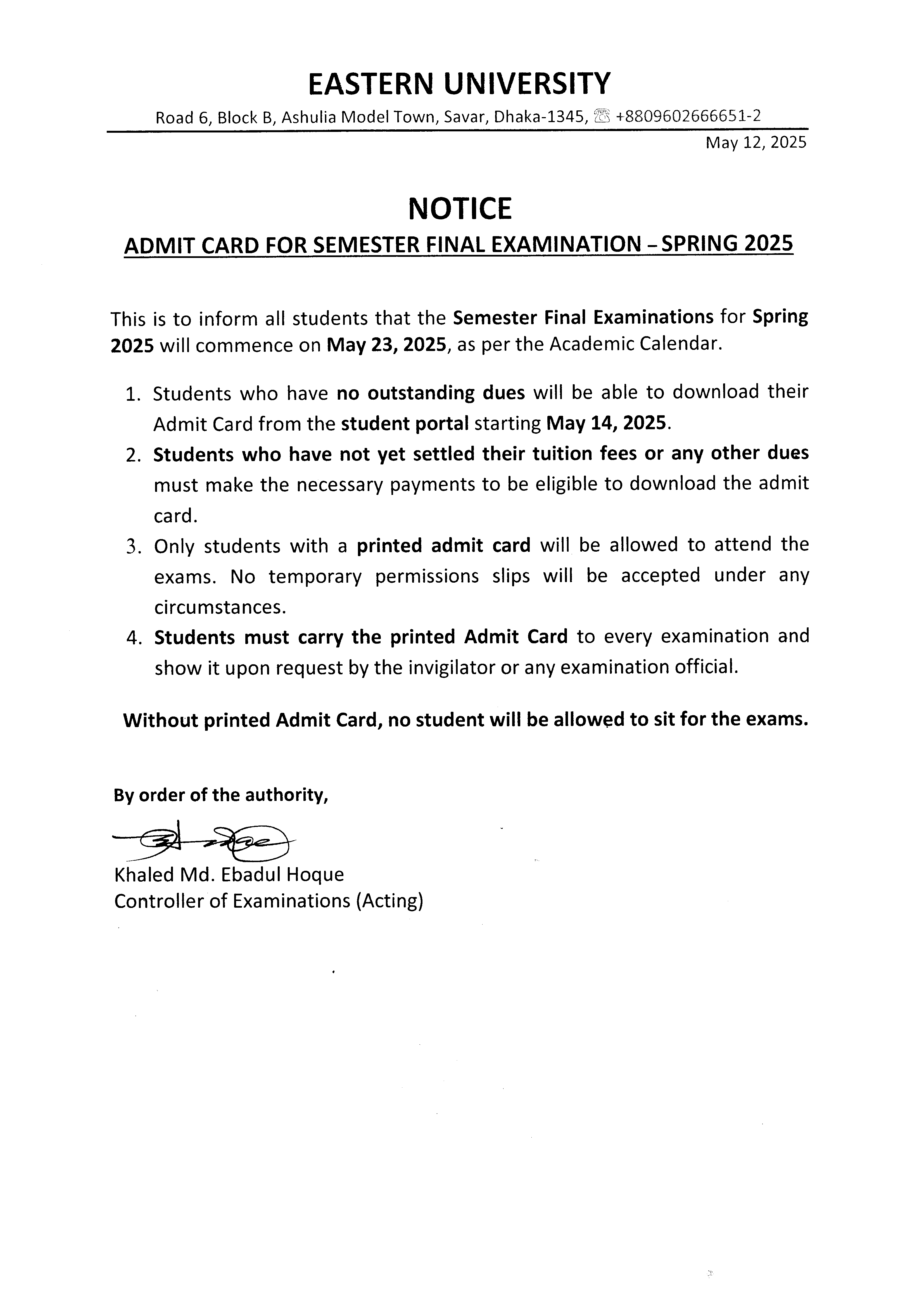 ADMIT CARD FOR SEMESTER FINAL EXAMINATION – SPRING 2025