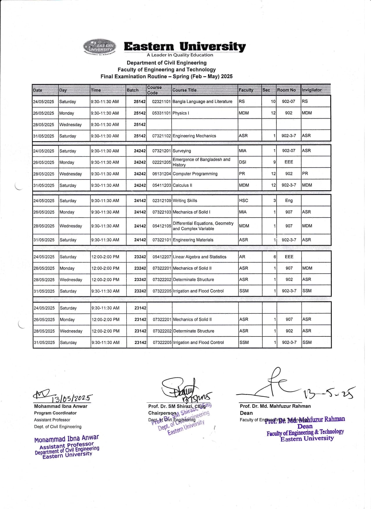 Department of Civil Engineering: Final Examination Routine (Spring 2025)