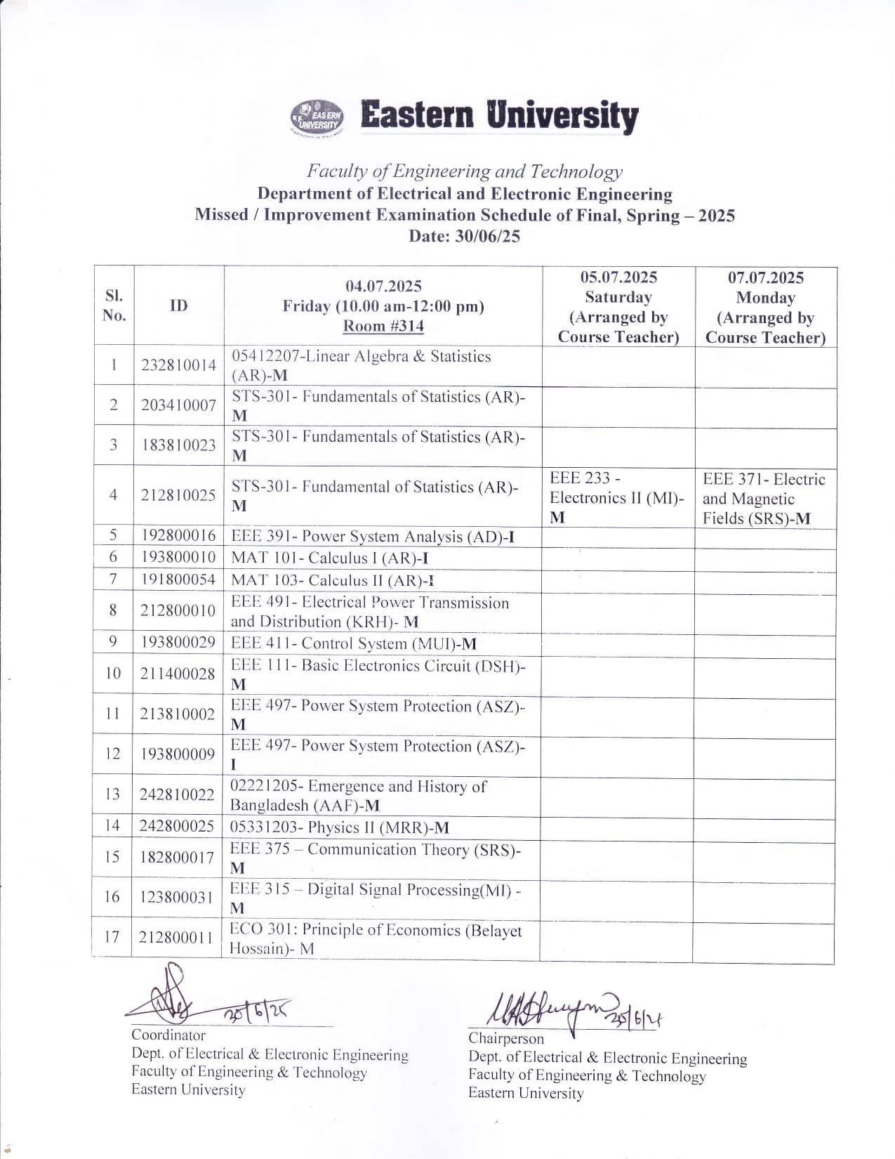 Missed/ Improvement Examination Schedule of Final (EEE Department), Spring-2025
