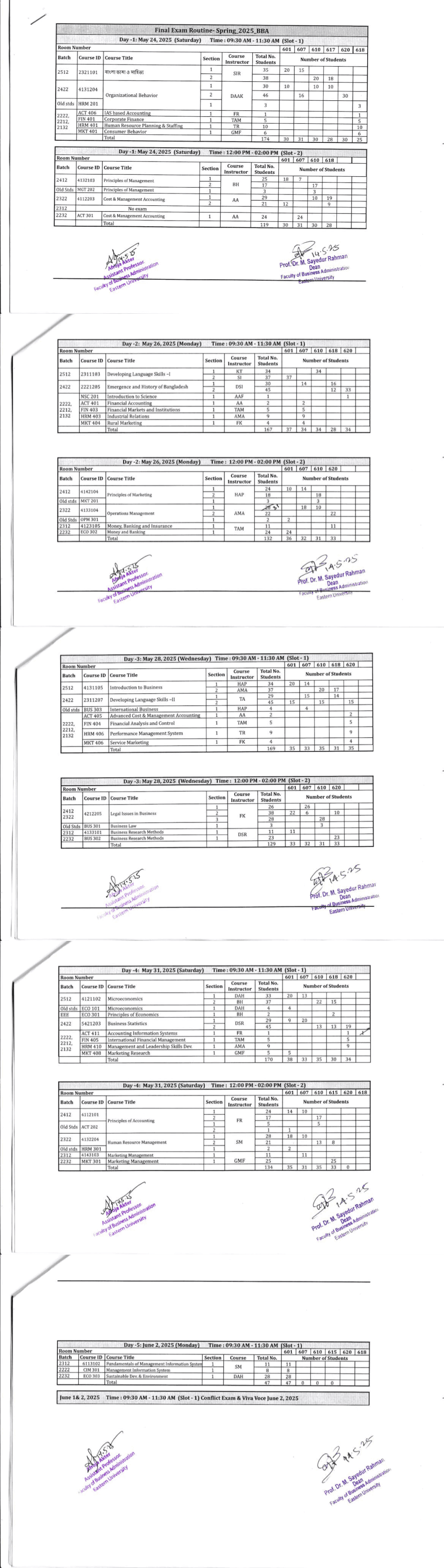 BBA Final Exam Routine Spring 2025
