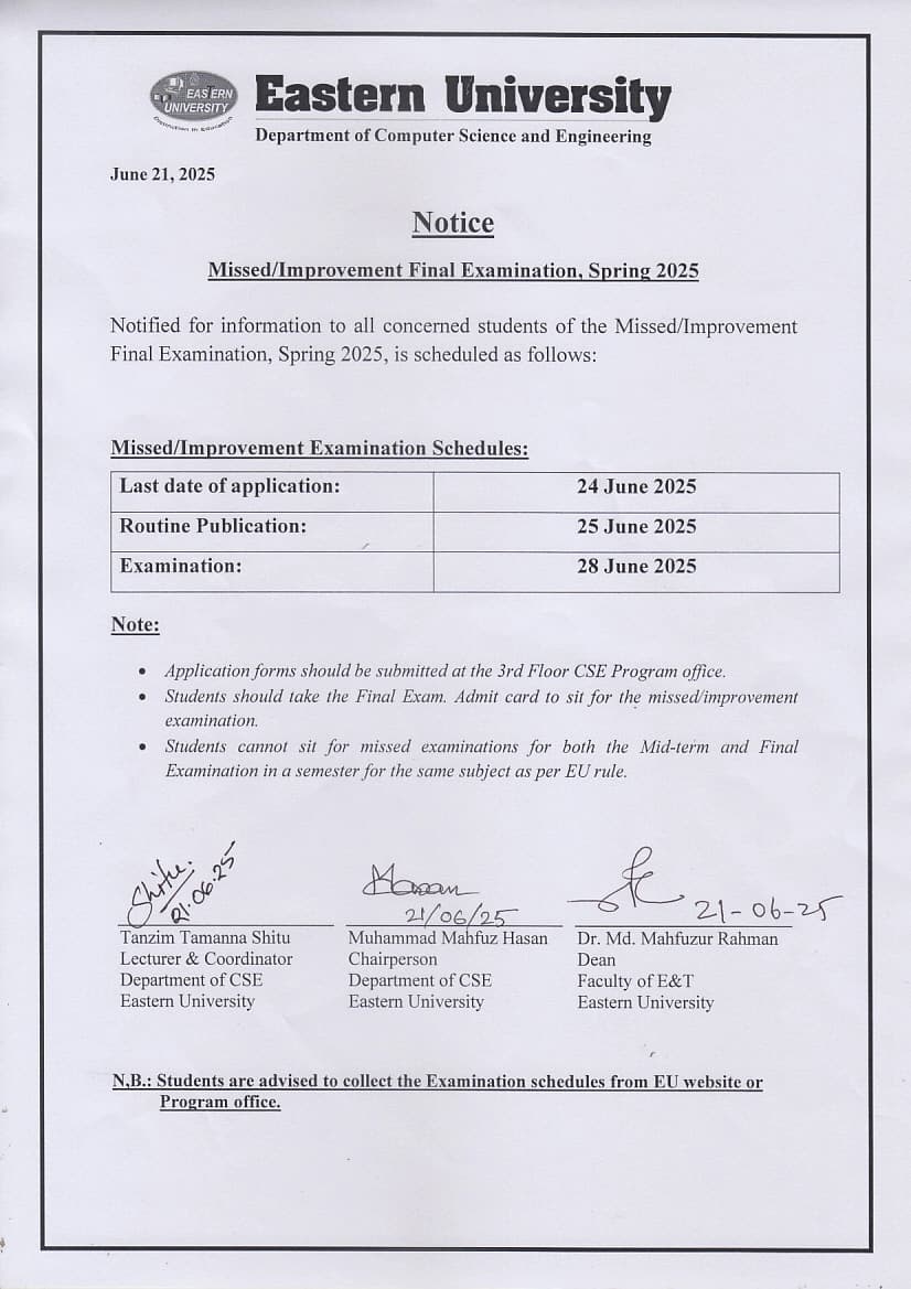 Missed /Improvement Final Examination Schedule, CSE, Spring 2025