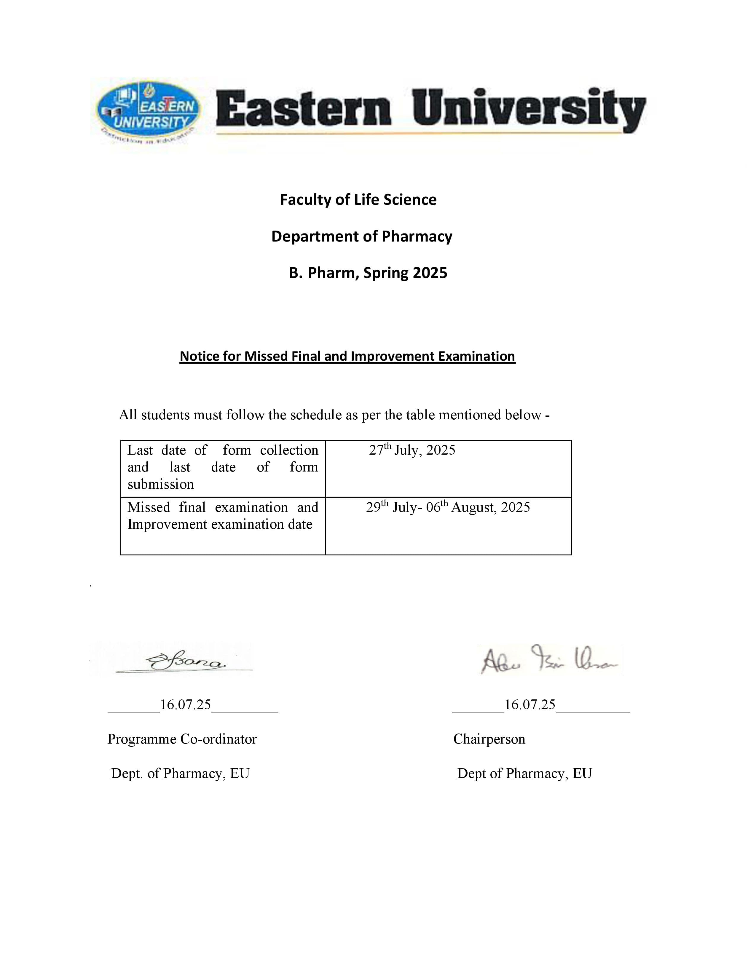 Notice for Missed and Improvement Examination