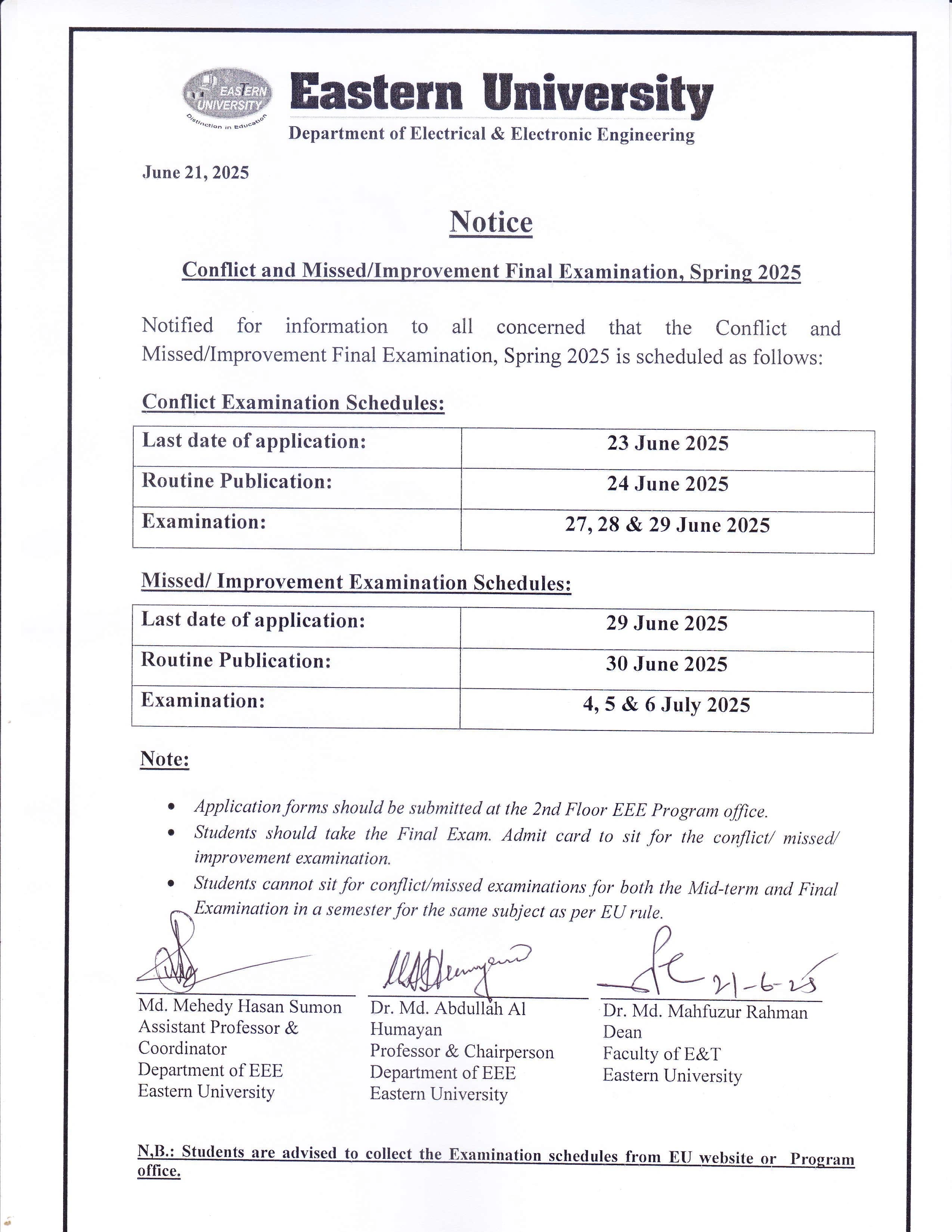 Conflict and Missed/Improvement Final Examination of EEE Department, Spring 2025