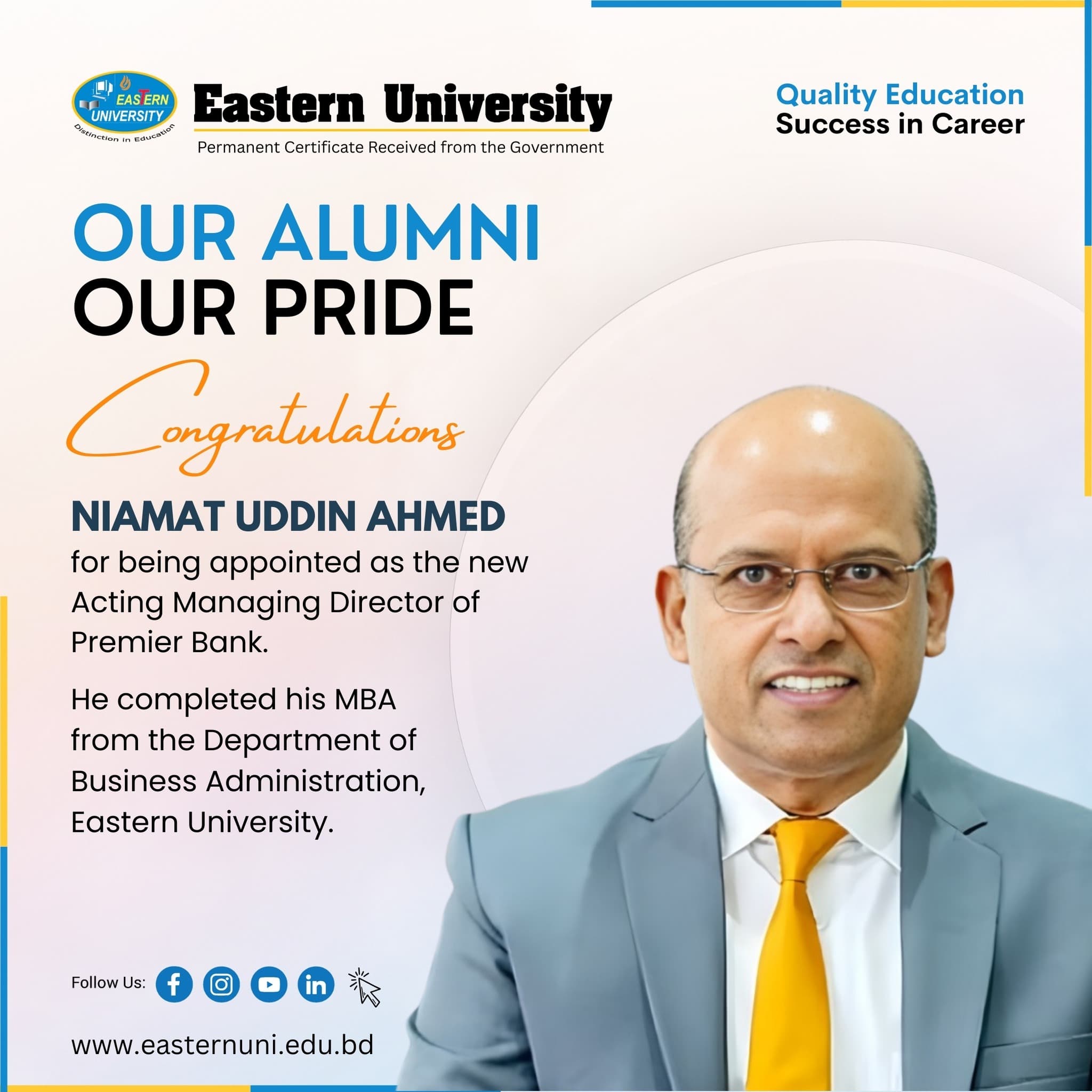 Congratulations Niamat Uddin Ahmed for being appointed as the new Acting MD of Premier Bank.