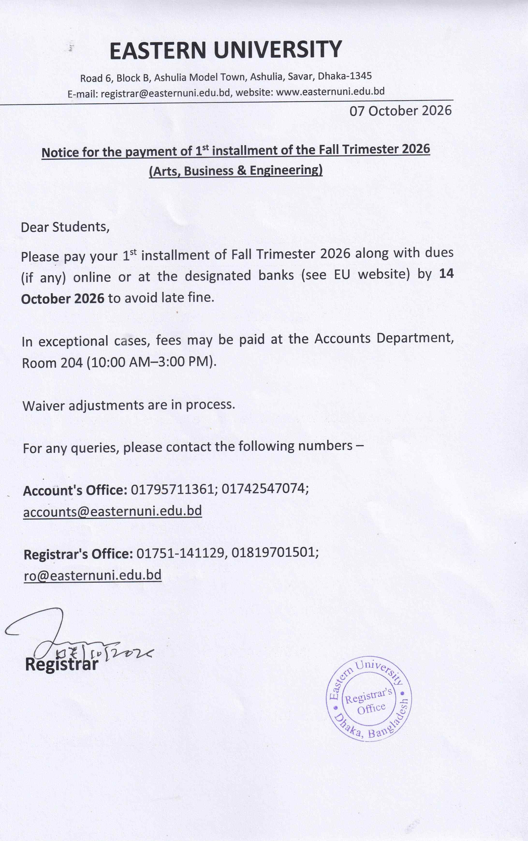 Notice for the payment of 1st installment of the Fall Trimester 2026 
(Arts, Business & Engineering)