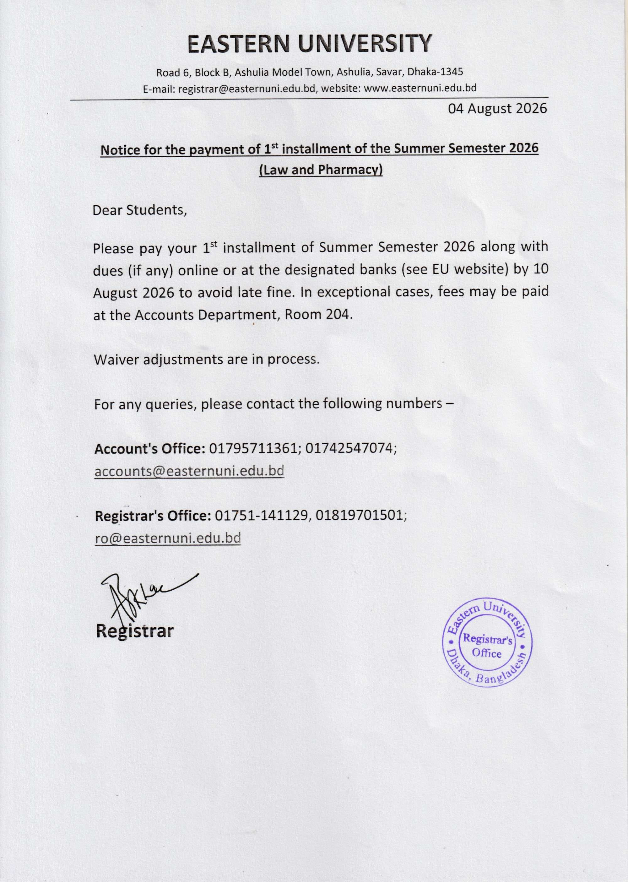 Notice for the payment of 1st installment of the Summer Semester 2026 (Law and Pharmacy)