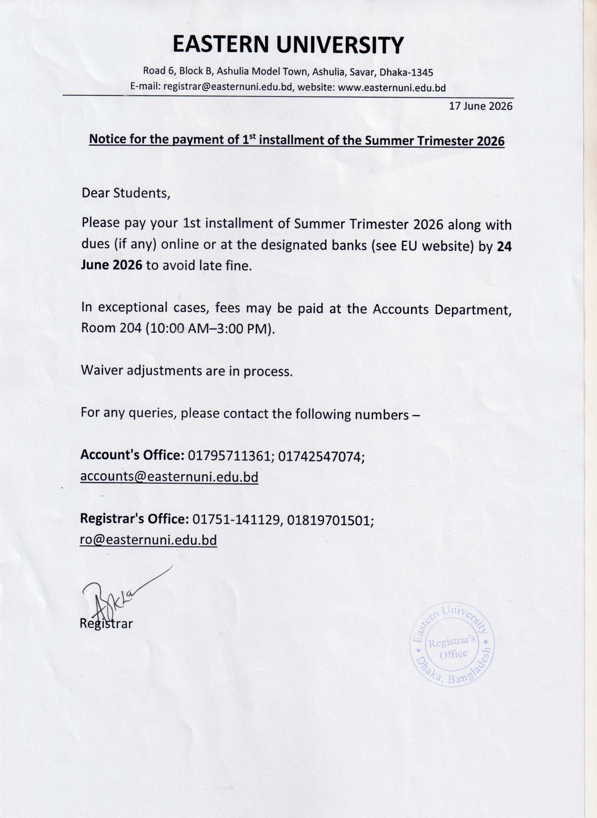 Notice for the payment of 1st installment of the Summer Trimester 2026