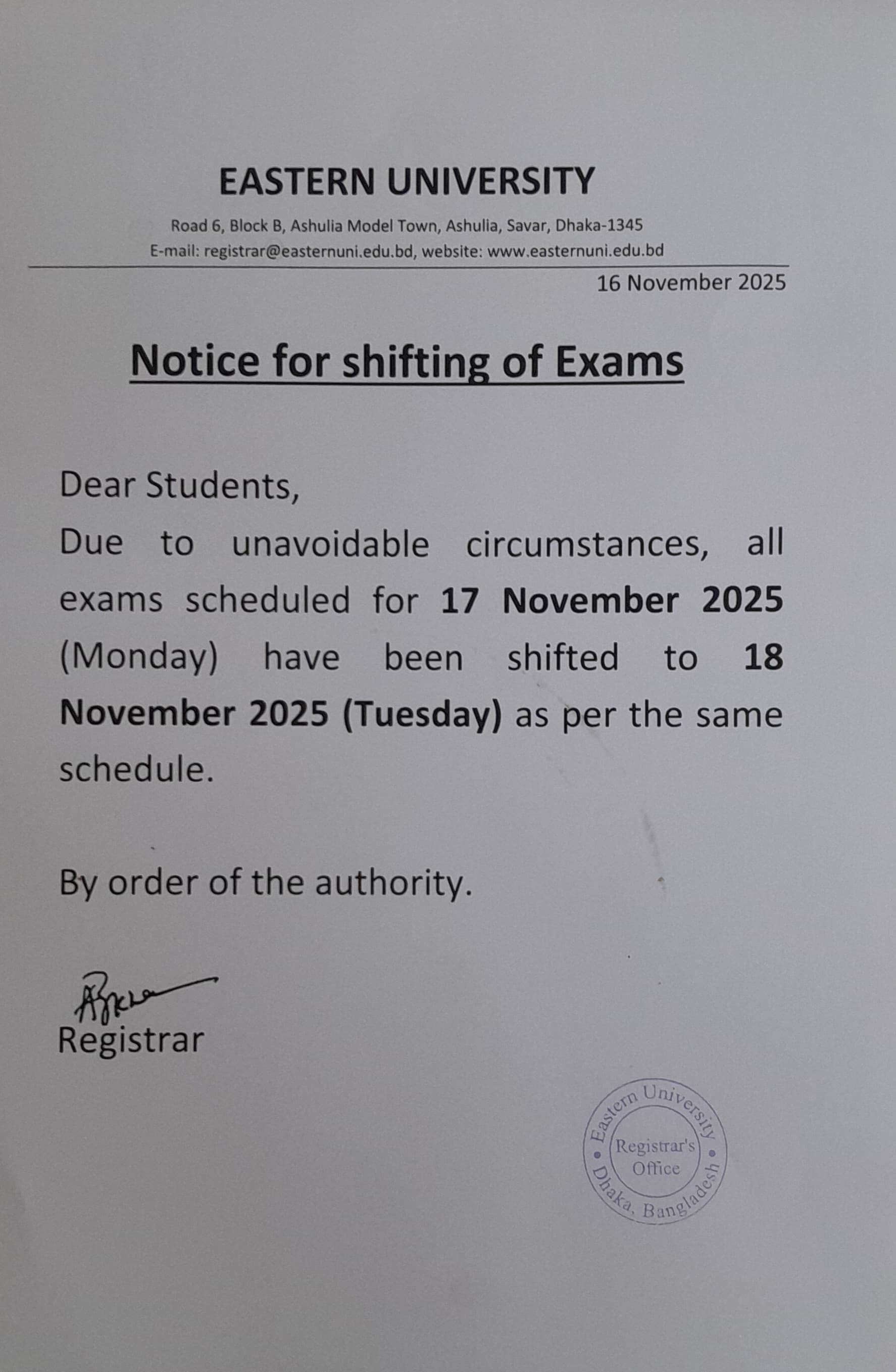 Notice for shifting of Exams