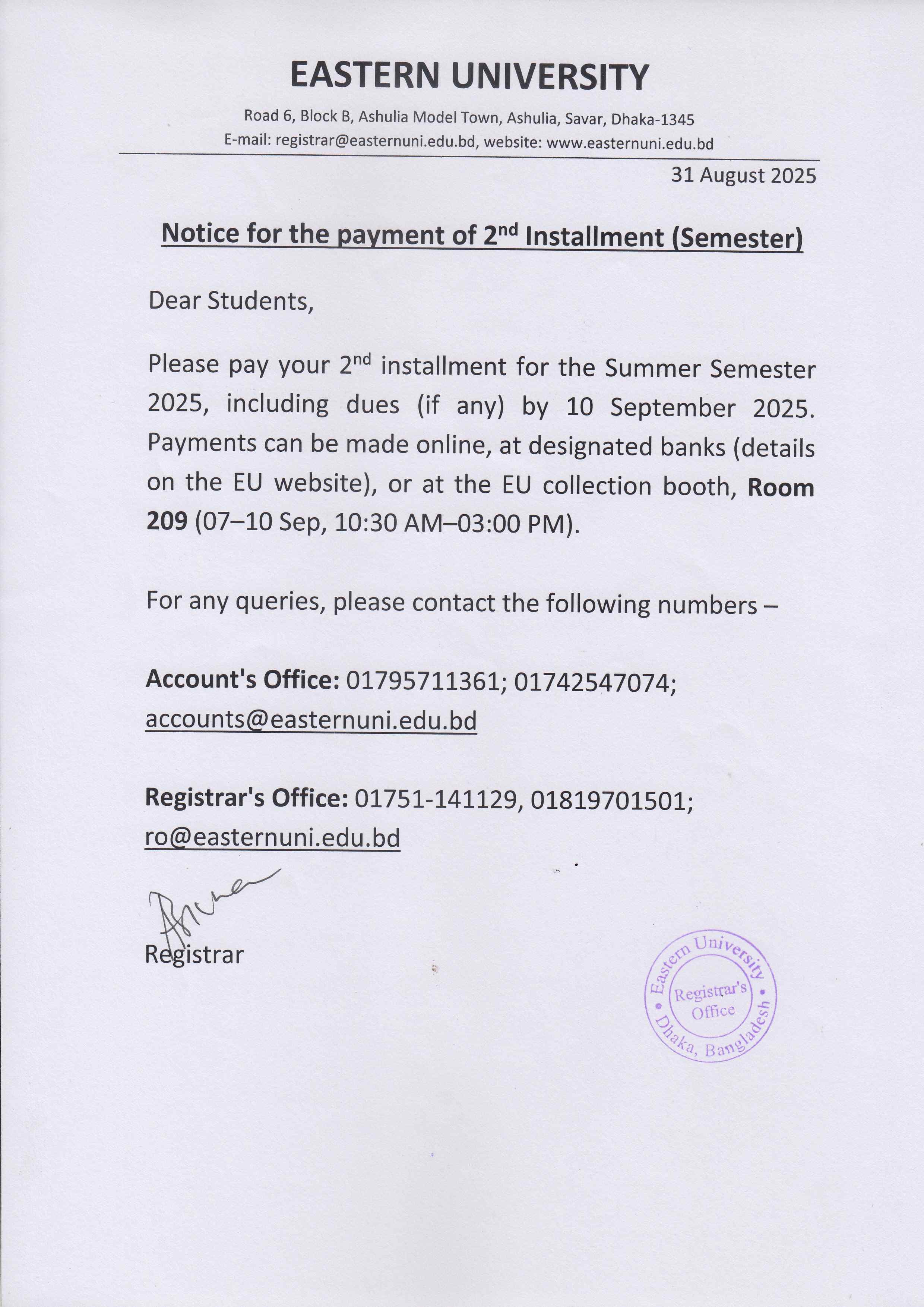 Notice for the payment of 2nd Installment for the Summer Semester 2025