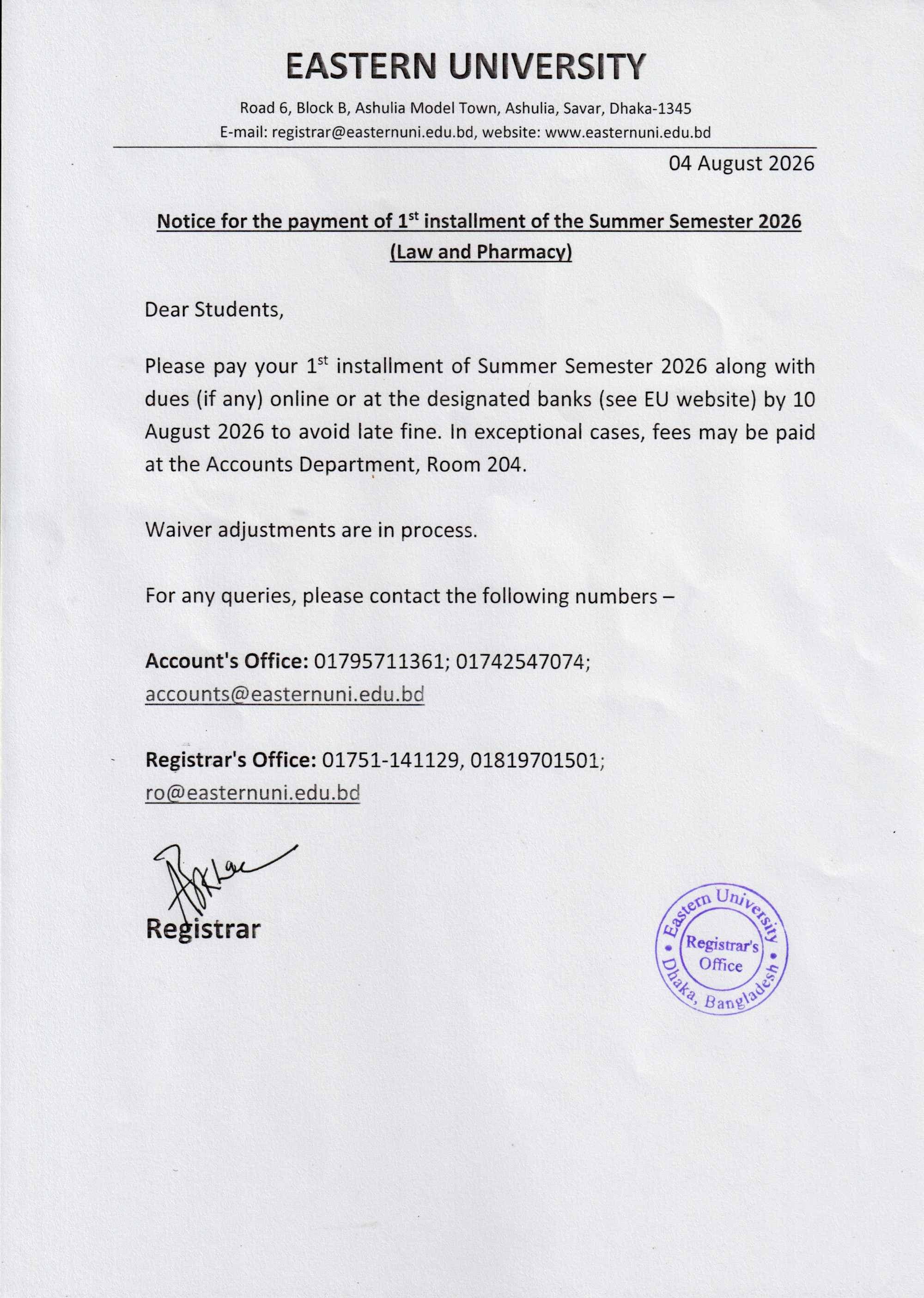 Notice for payment of the 3rd installment – Summer 2026 and registration fee for the Fall 2026 (Arts, FBA and E&T)