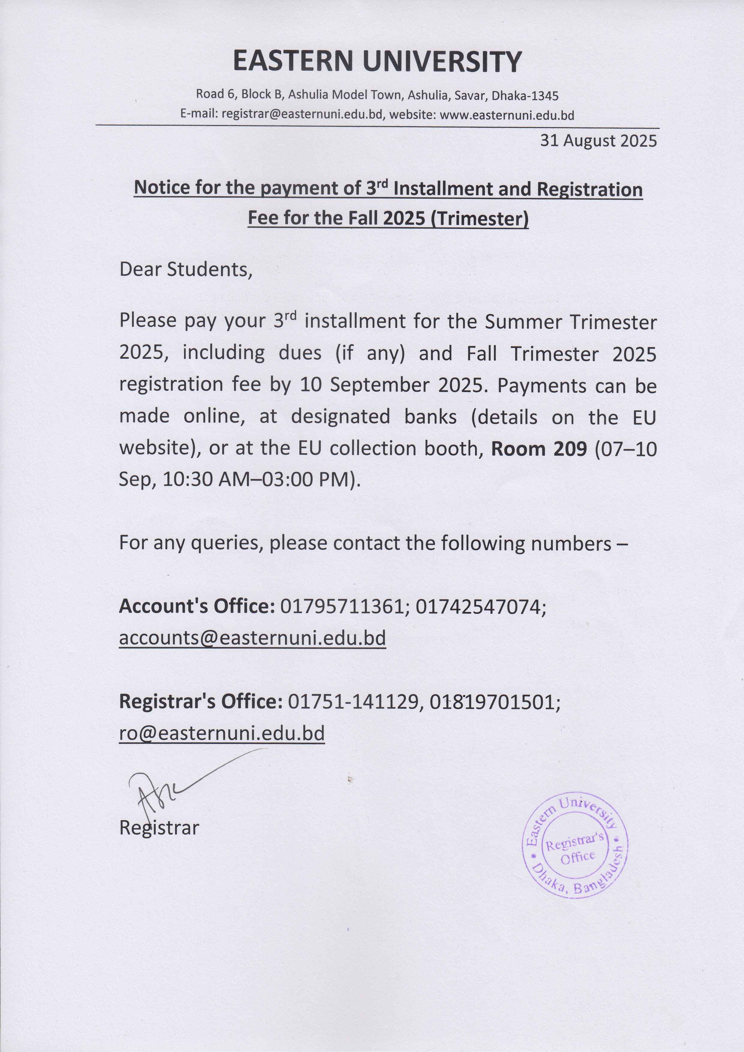 Notice for the payment of 3rd Installment of the Summer 2025 and Registration Fee for the Fall 2025 (Trimester)