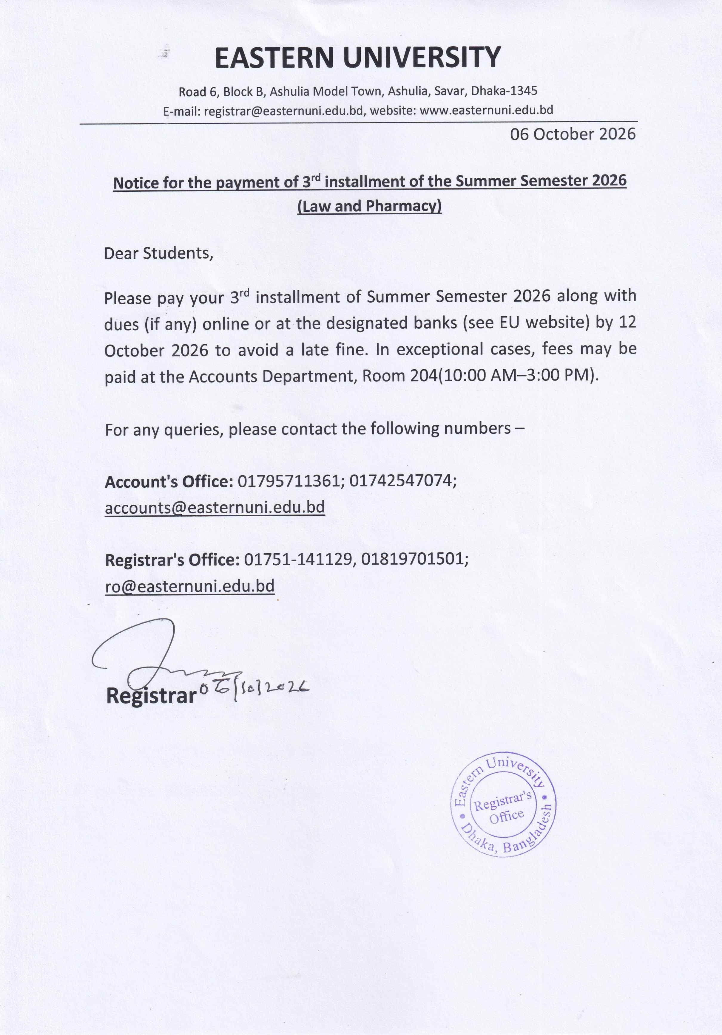 Notice for the payment of 3rd installment of the Summer Semester 2026 (Law and Pharmacy)