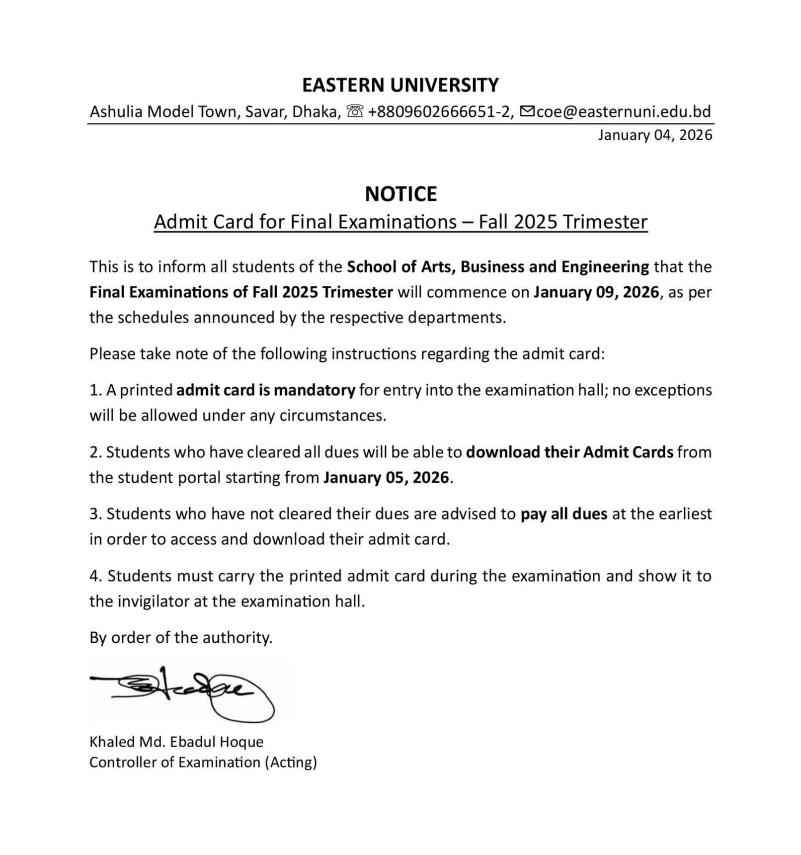 NOTICE: Admit Card for Final Examinations – Fall 2025 Trimester