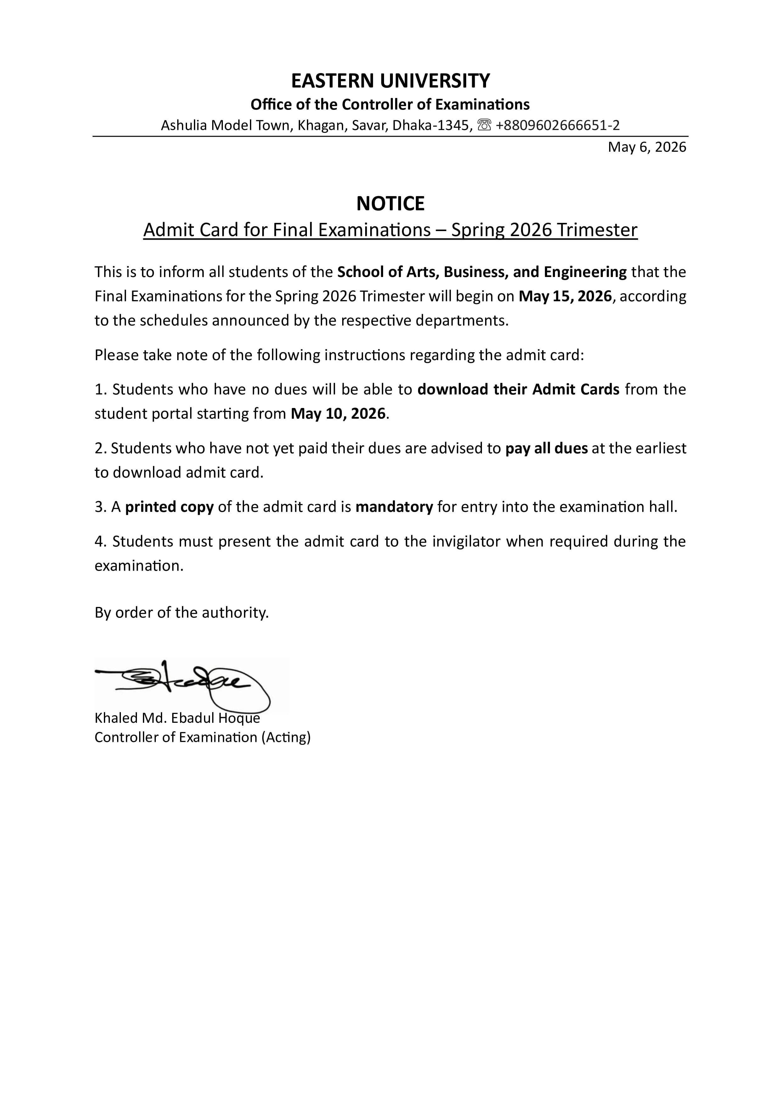 Admit Card for Final Examinations - Spring 2026 Trimester