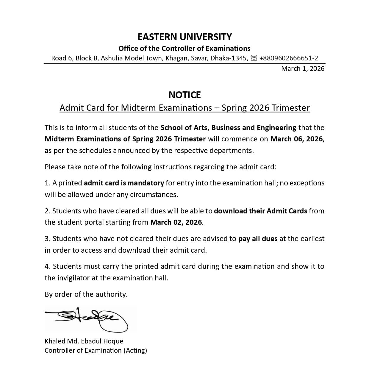 NOTICE: Admit Card for Midterm Examinations – Spring 2026 Trimester