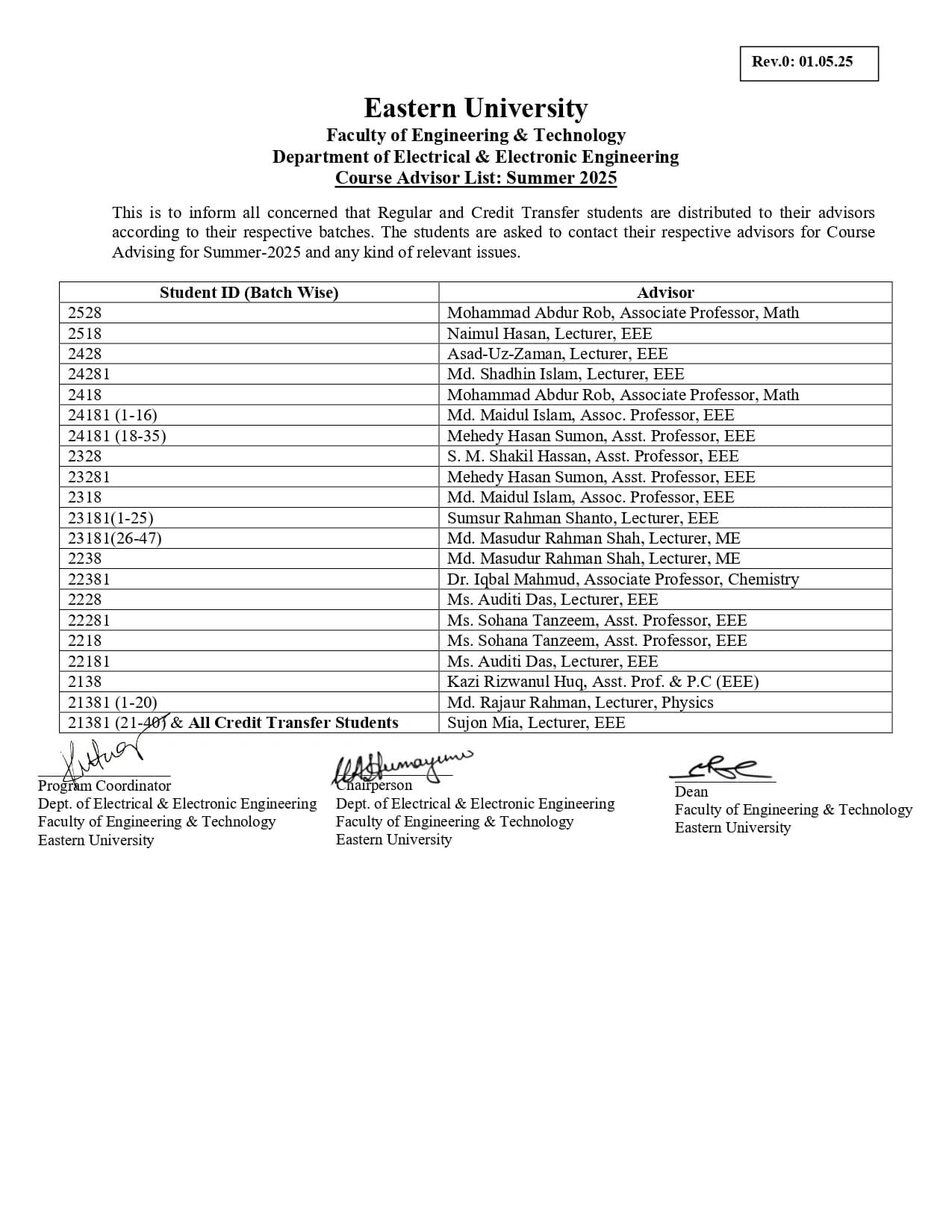 Course Advisor List for Summer 2025 Semester