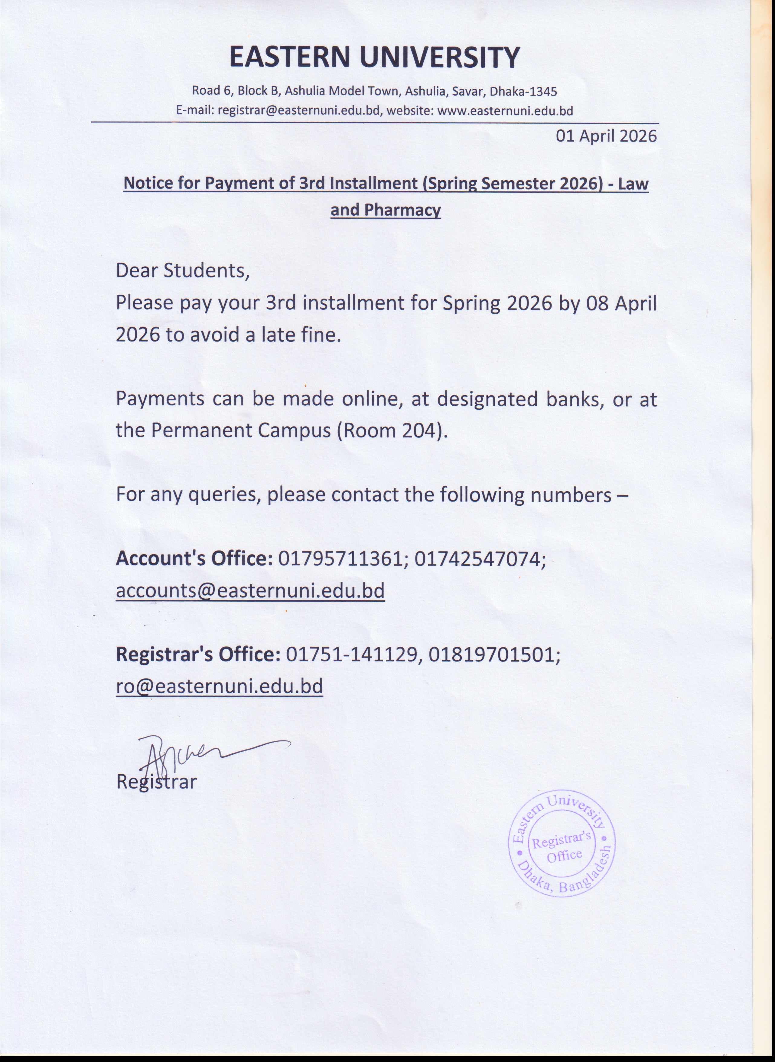 Notice for Payment of 3rd Installment (Spring Semester 2026) - Law and Pharmacy