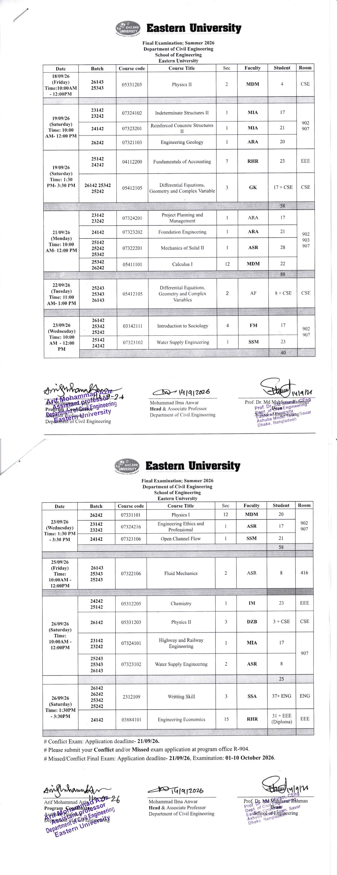 Civil Eng. Final Exam Routine Summer 2026