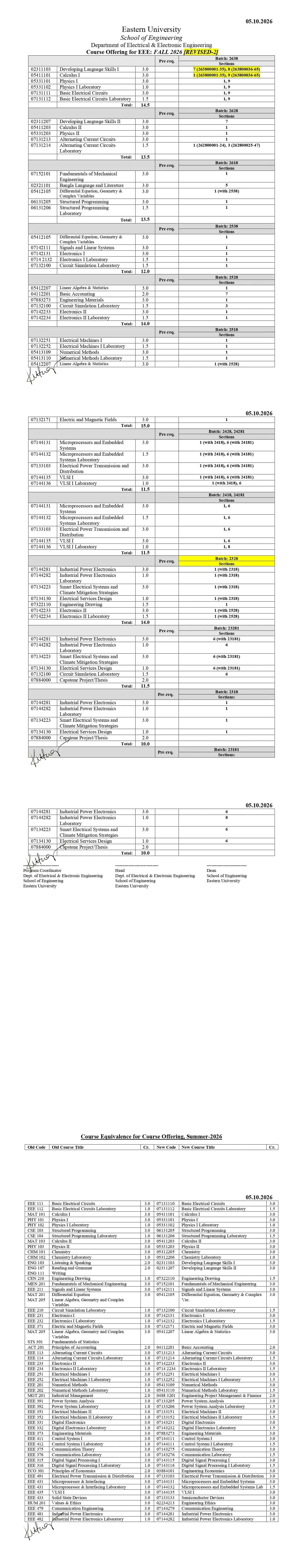 Revised Course Offering of EEE, Fall - 2026