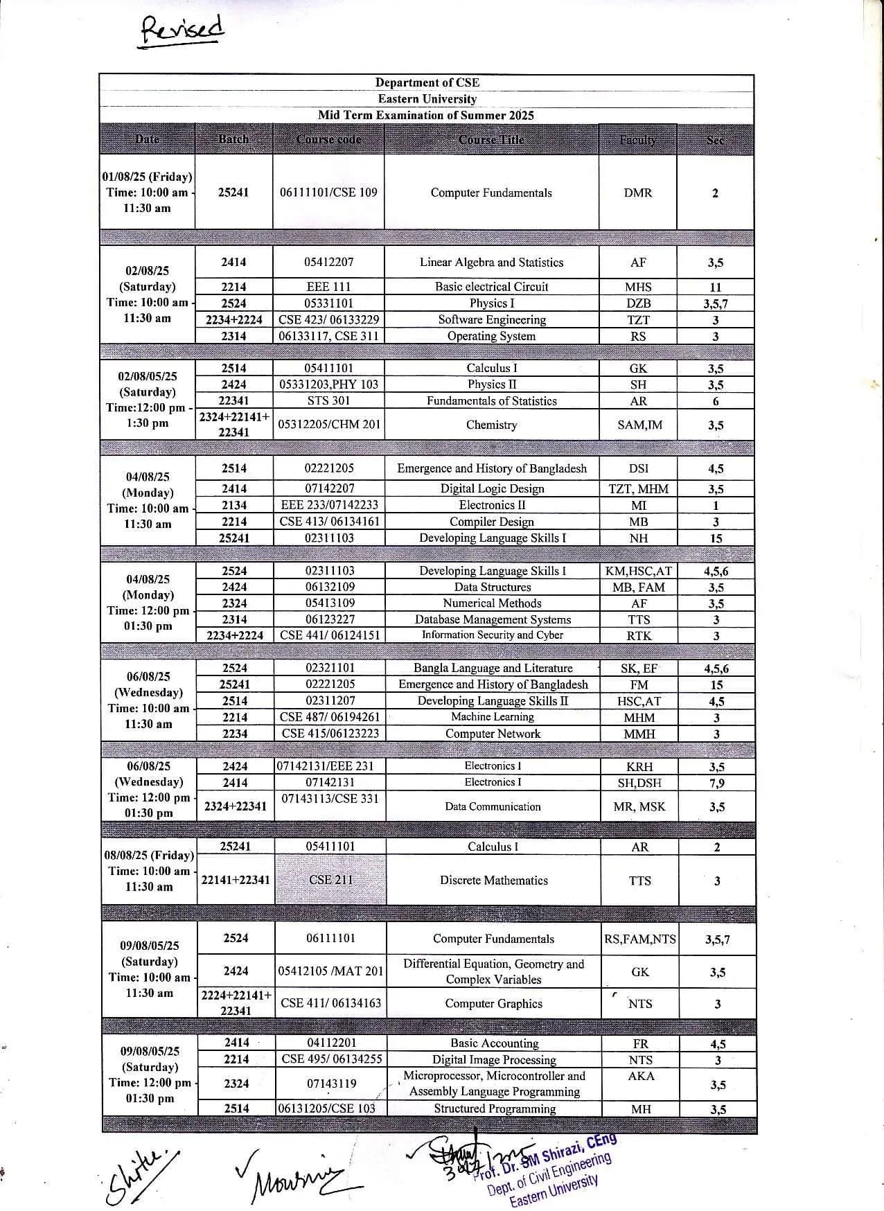 CSE Mid-Term Examination Summer 2025 (Revised)