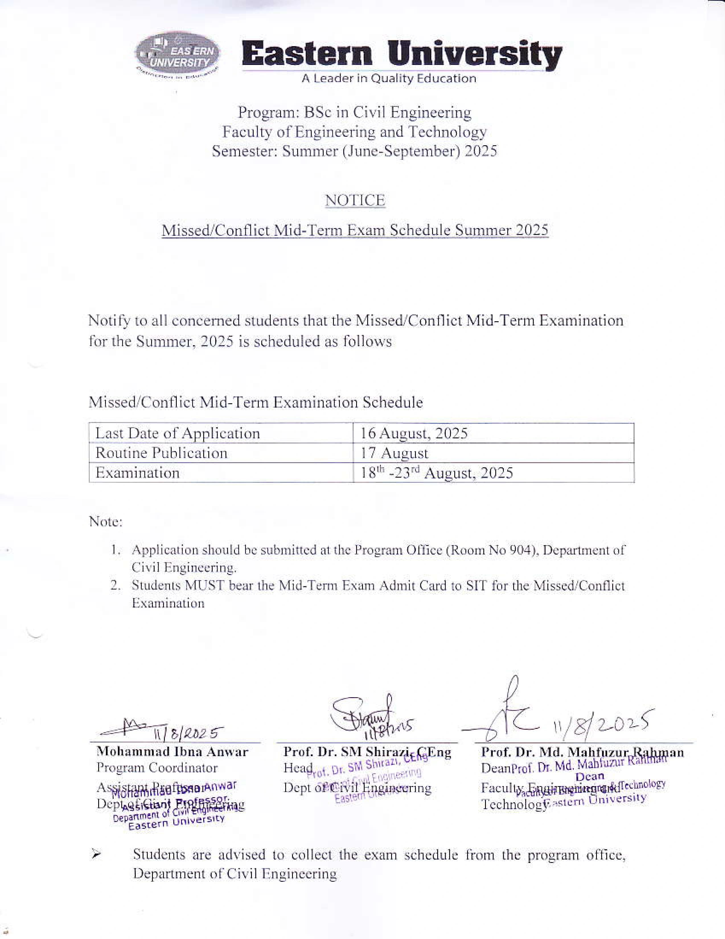 Missed Conflict Mid-Term Examination Routine Summer 2025, Civil Engineering Department