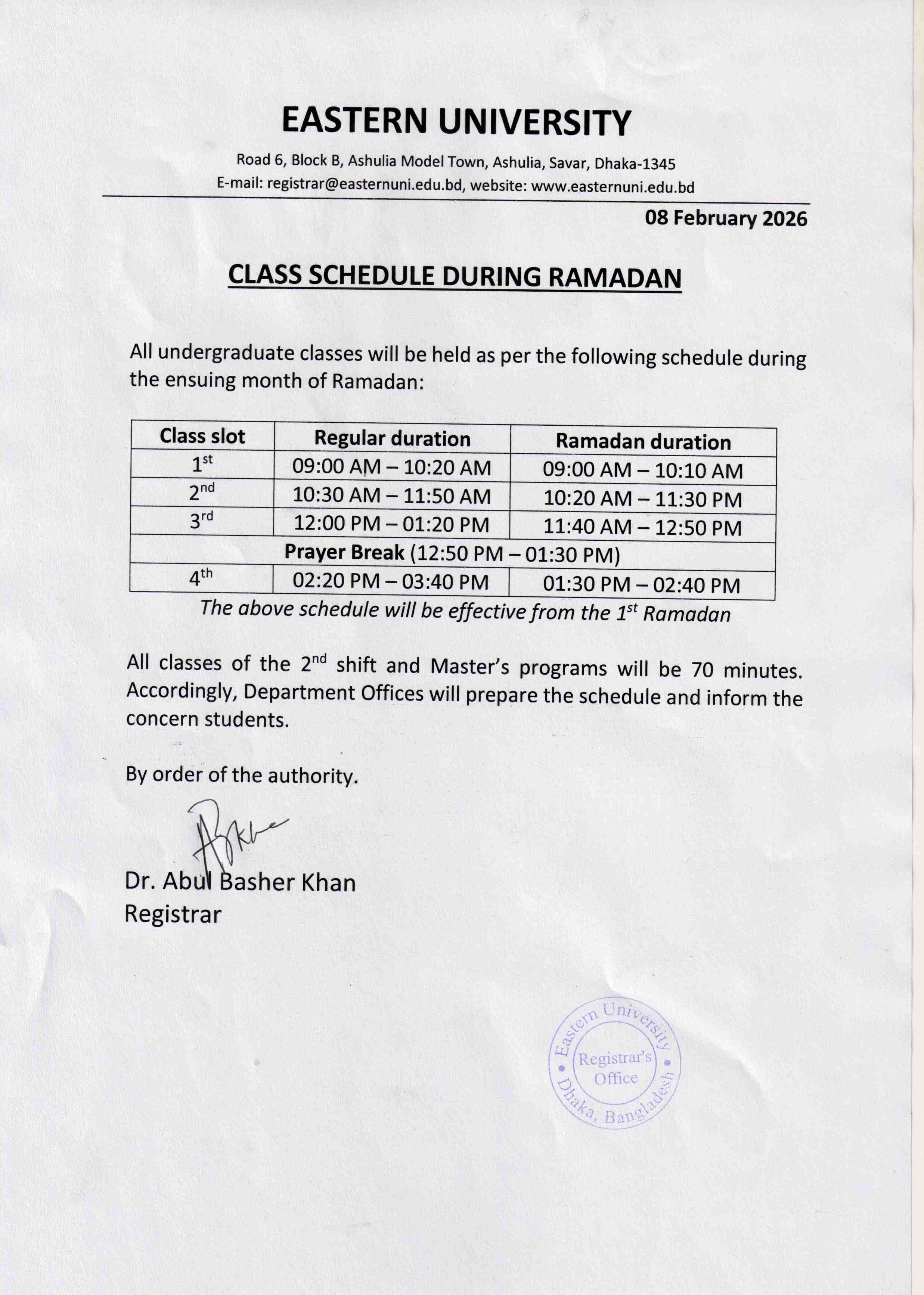 Class schedule during Ramadan