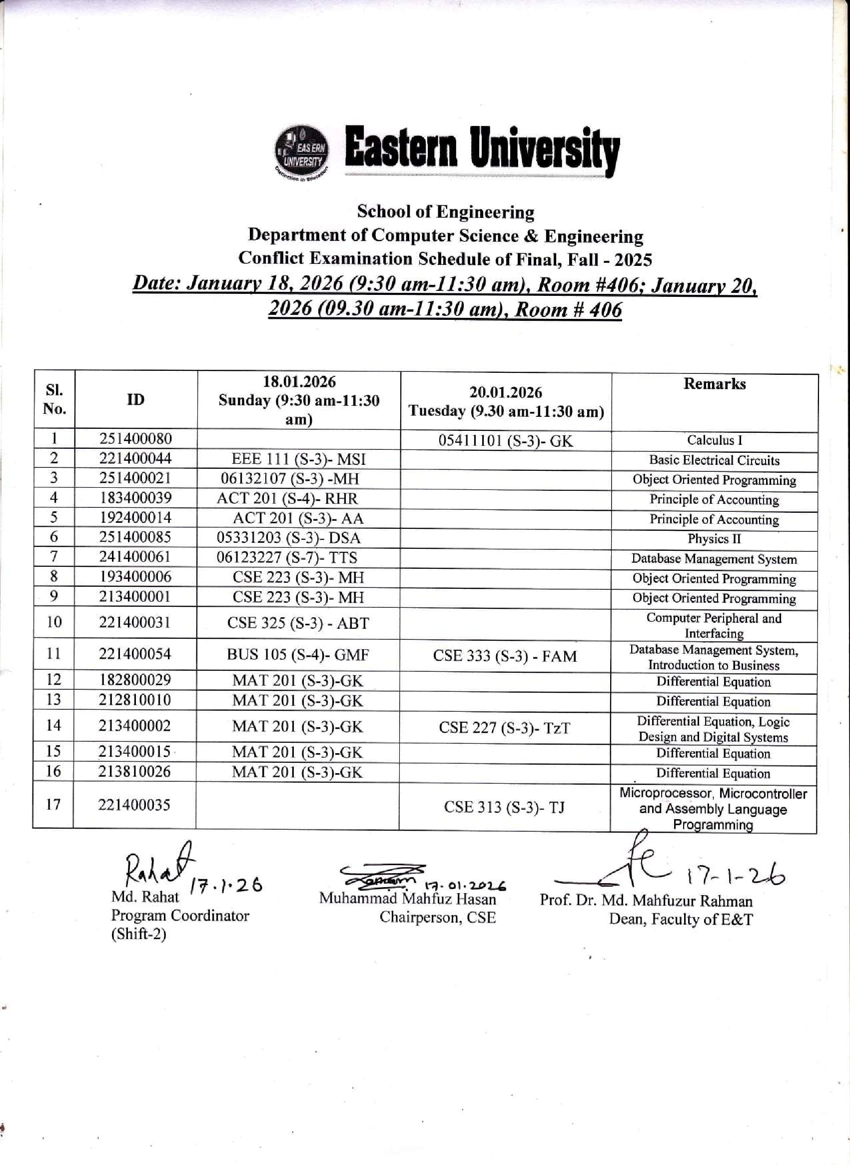 Conflict Final Exam schedule
