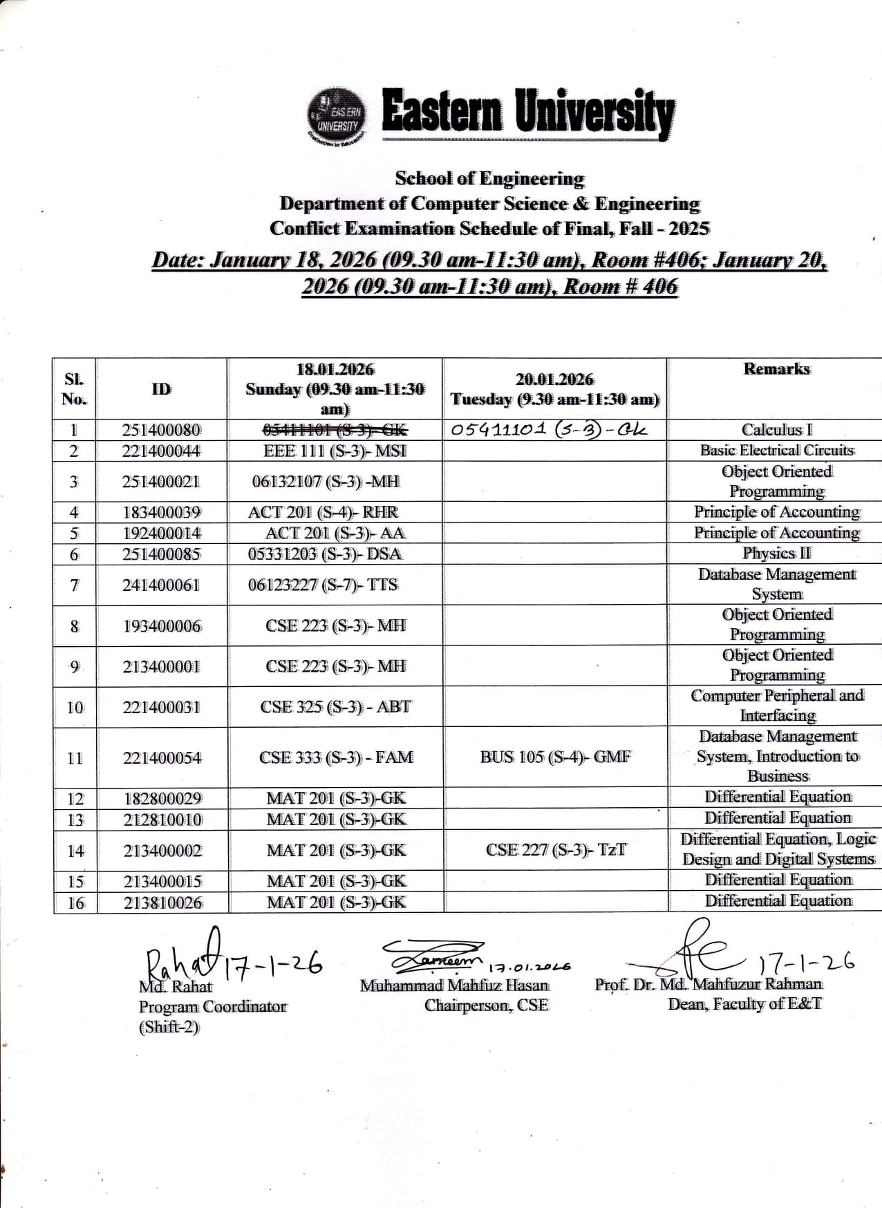 Conflict Examination Routine of CSE, Fall- 2025 (Final)