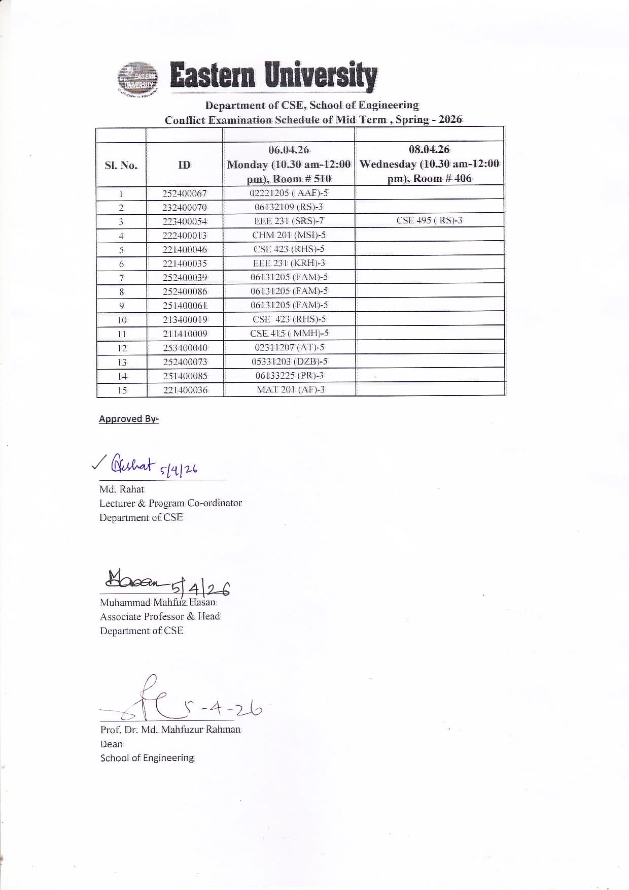 Midterm (Conflict) Exam Routine, CSE, Spring, 2026
