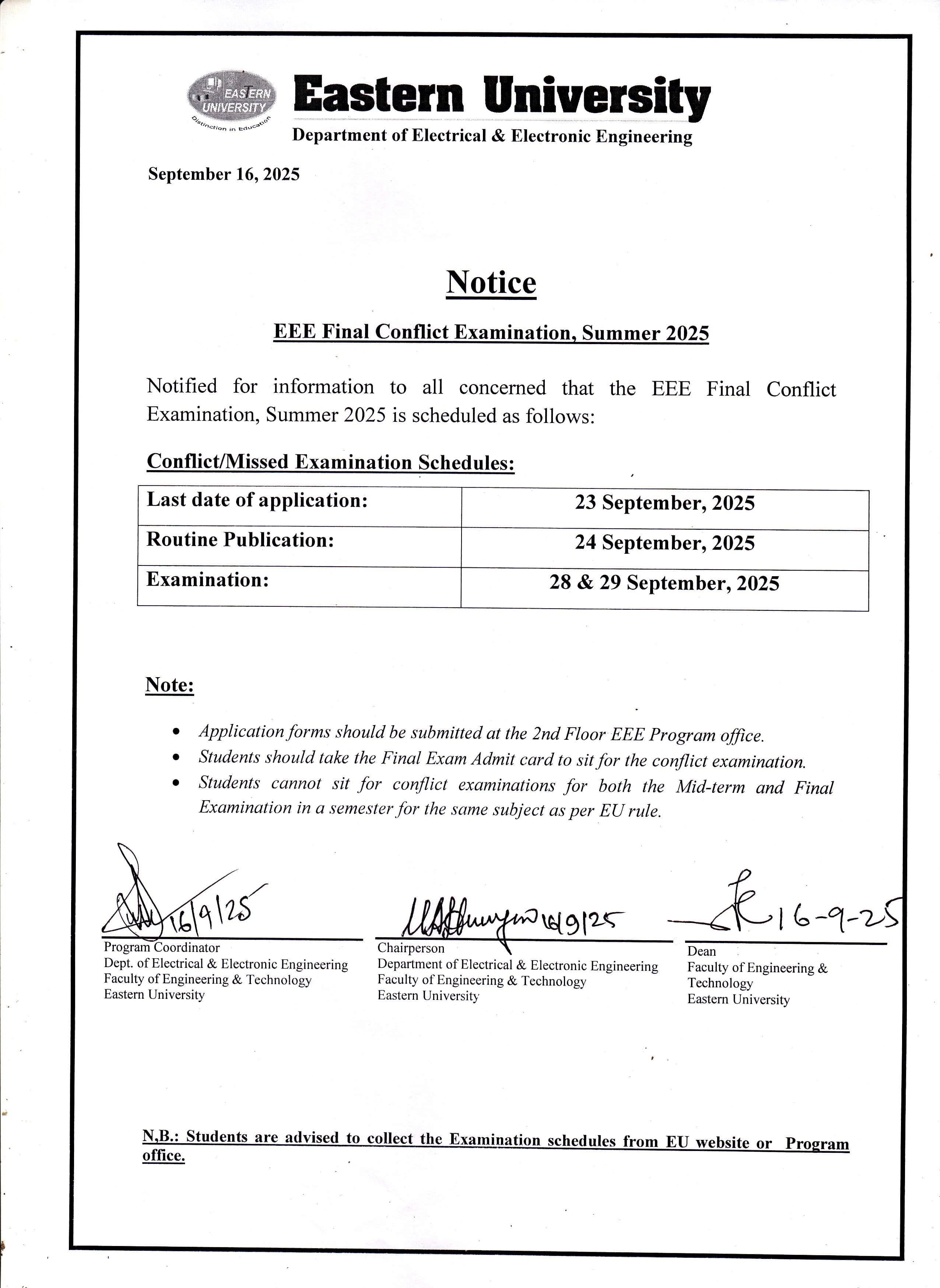 EEE Final Conflict Examination Notice-Summer 2025