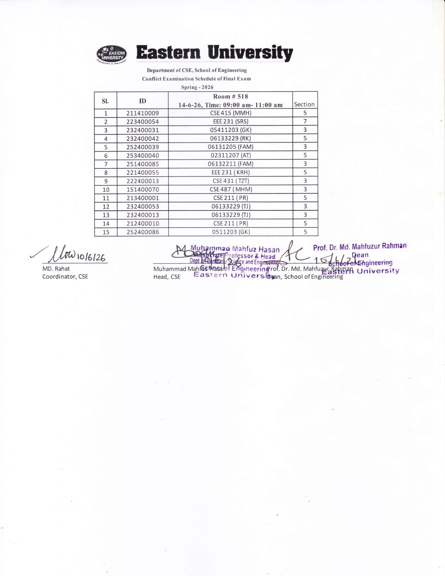 Conflict Examination Routine (Final) of CSE, Spring-2026