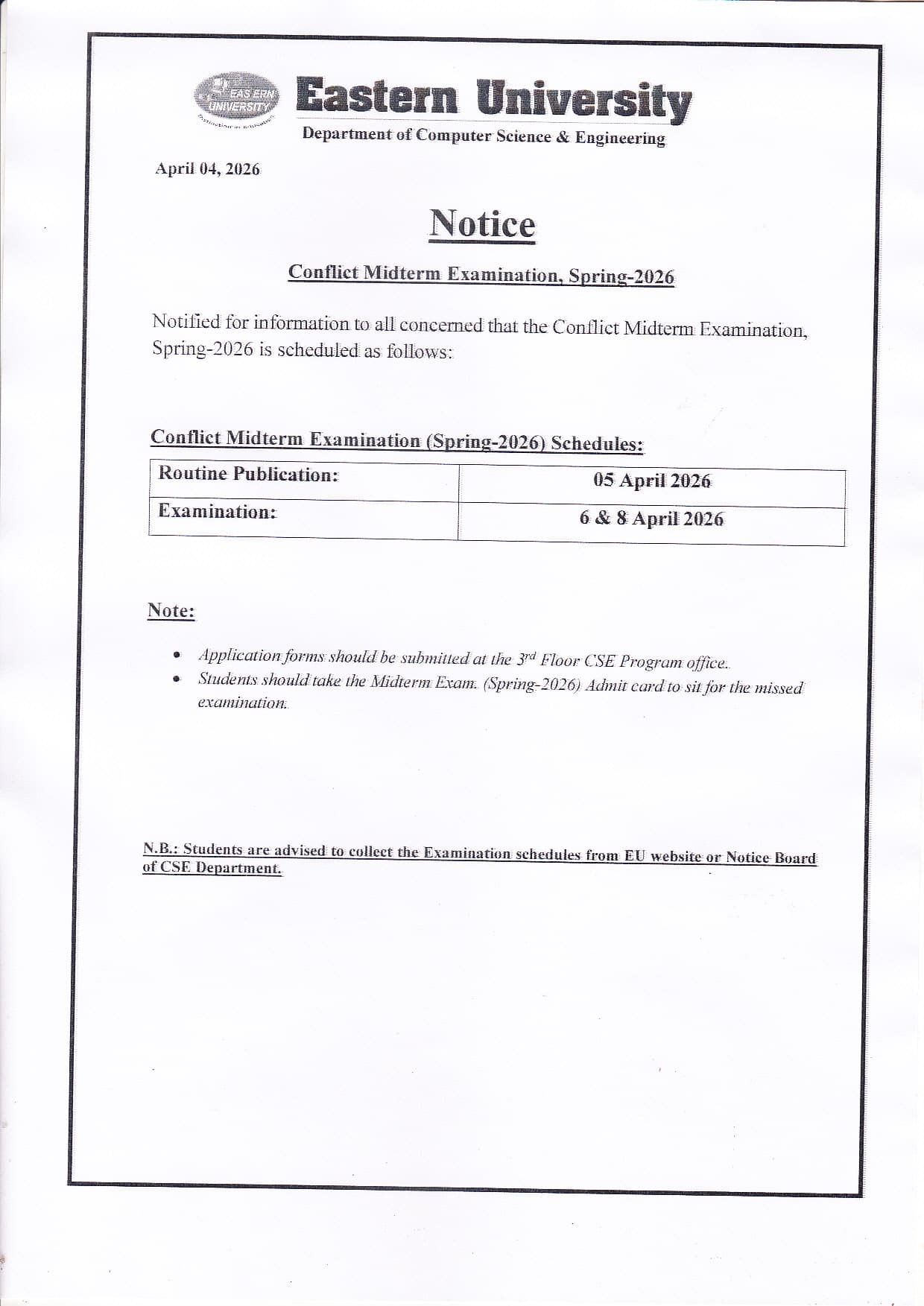Conflict (Mid- Term) Examination Routine of CSE, Spring - 2026