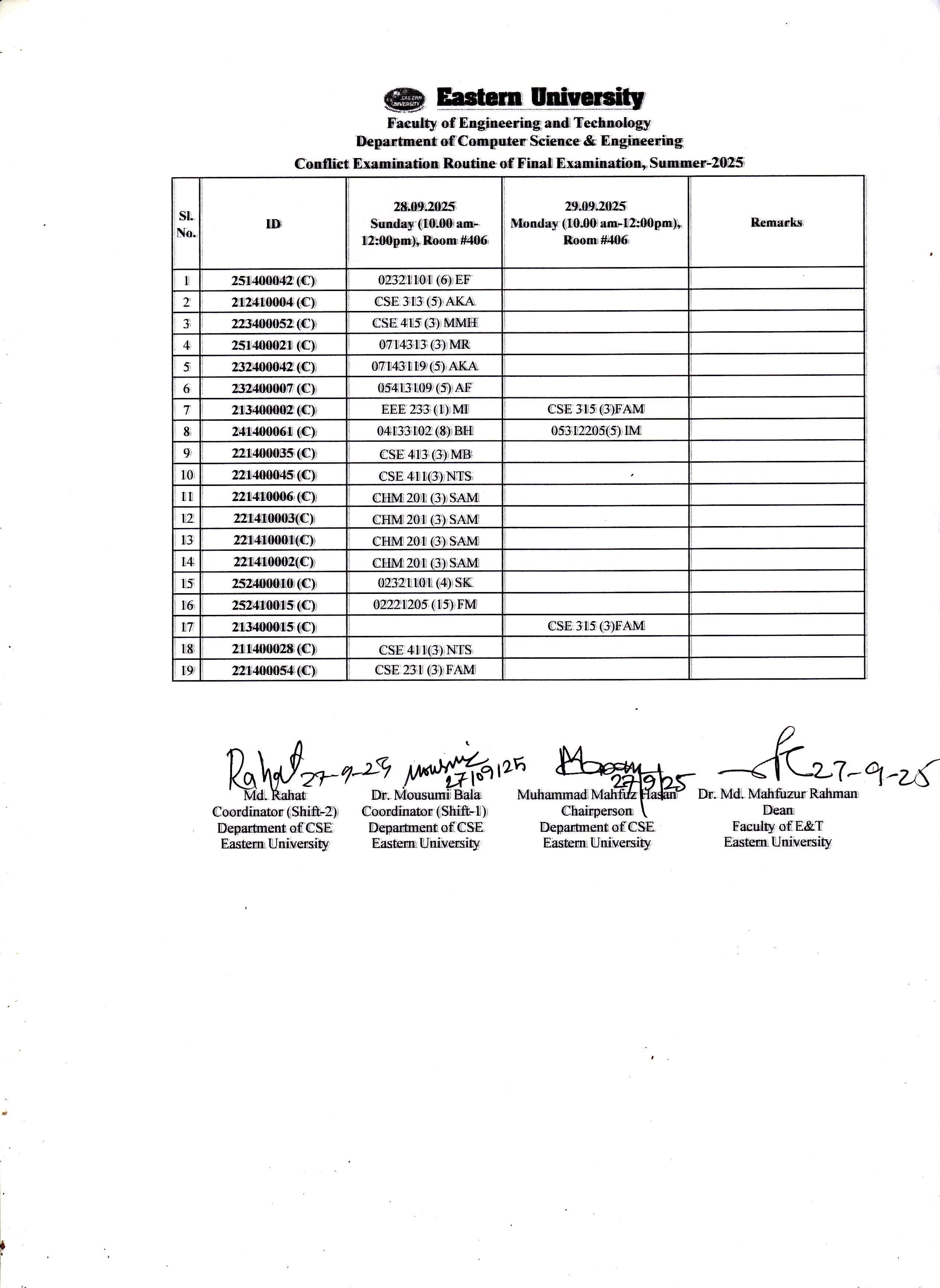 Conflict Examination Routine of Final Examination-Summer-2025