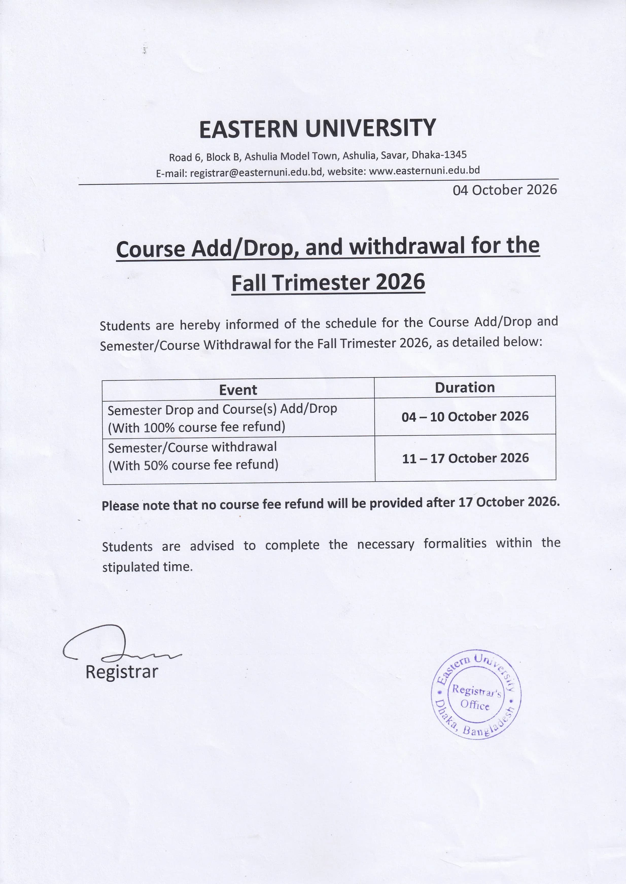 Course Add/Drop, and withdrawal for the Fall Trimester 2026 (Arts, Business and Engineering)