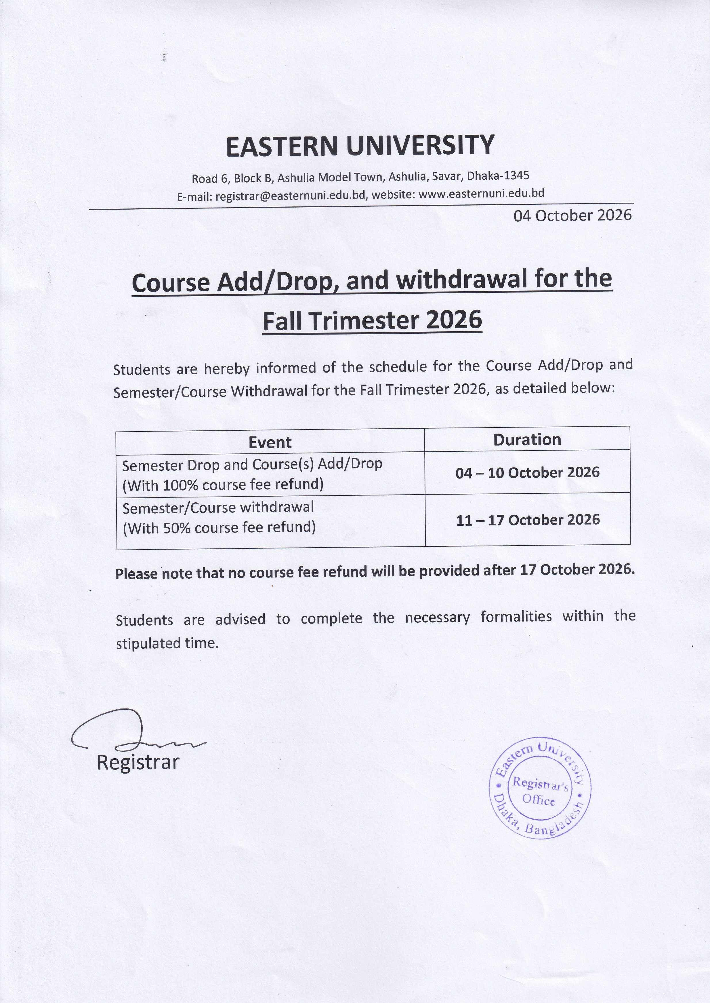 Semester & Course Add/Drop, and withdrawal for the Fall Trimester 2026