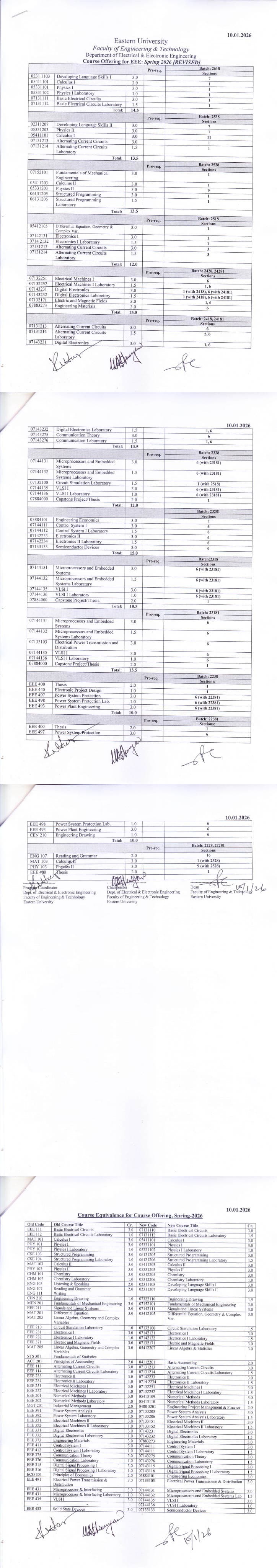 Revised Course Offering of EEE, Spring - 2026
