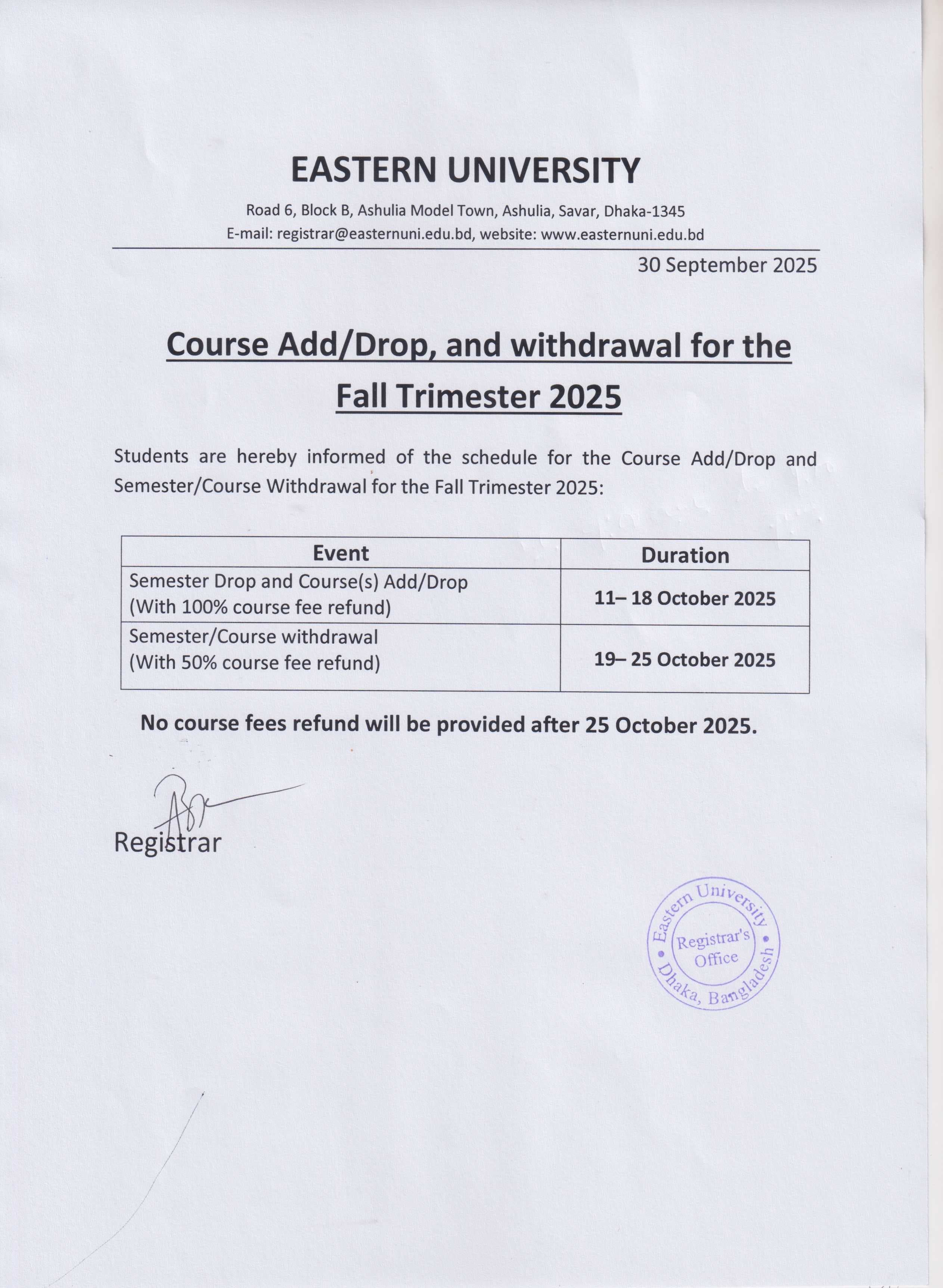 Course Add/Drop, and withdrawal for the Fall Trimester 2025