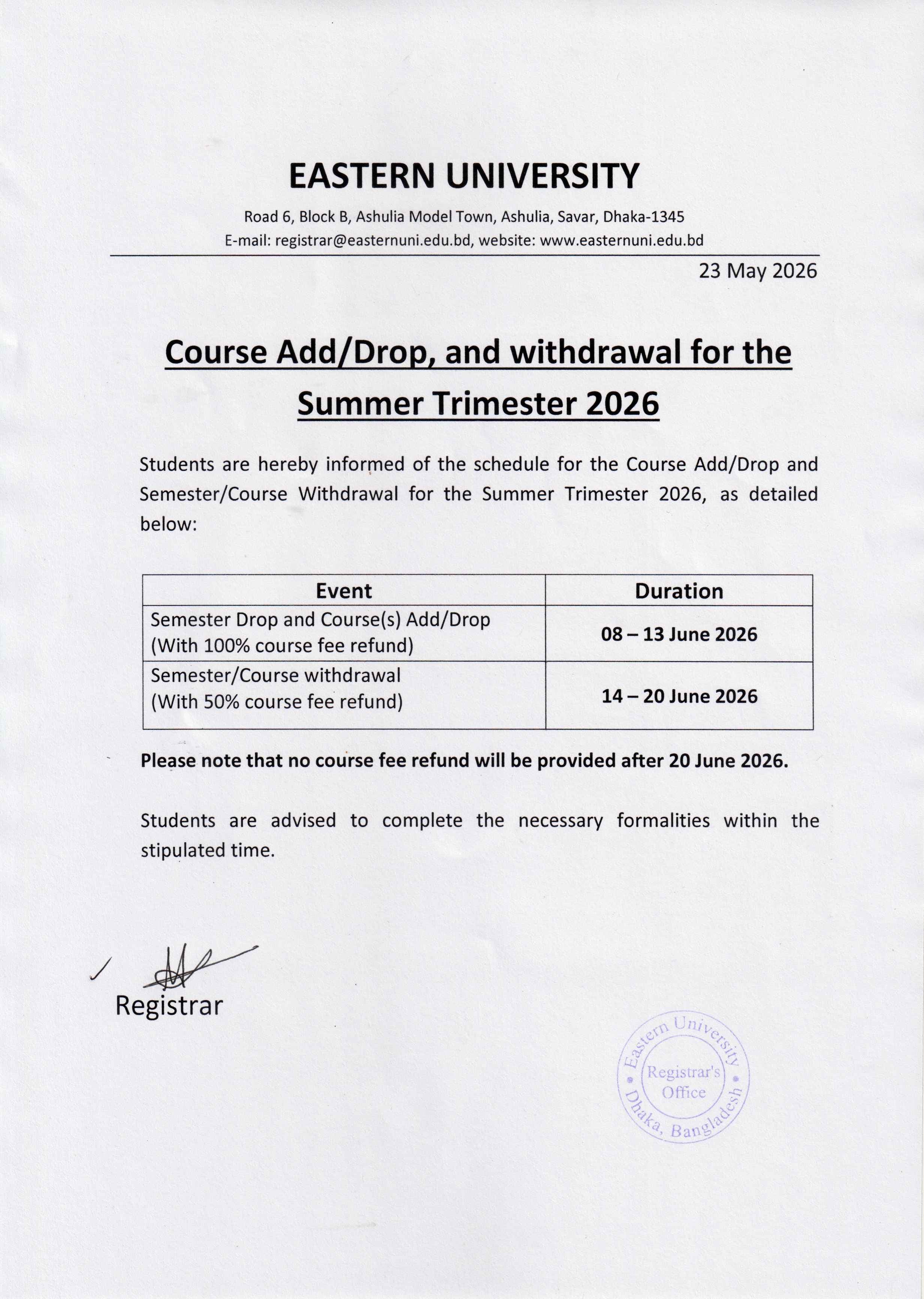 Course Add/Drop, and withdrawal for the Summer Trimester 2026