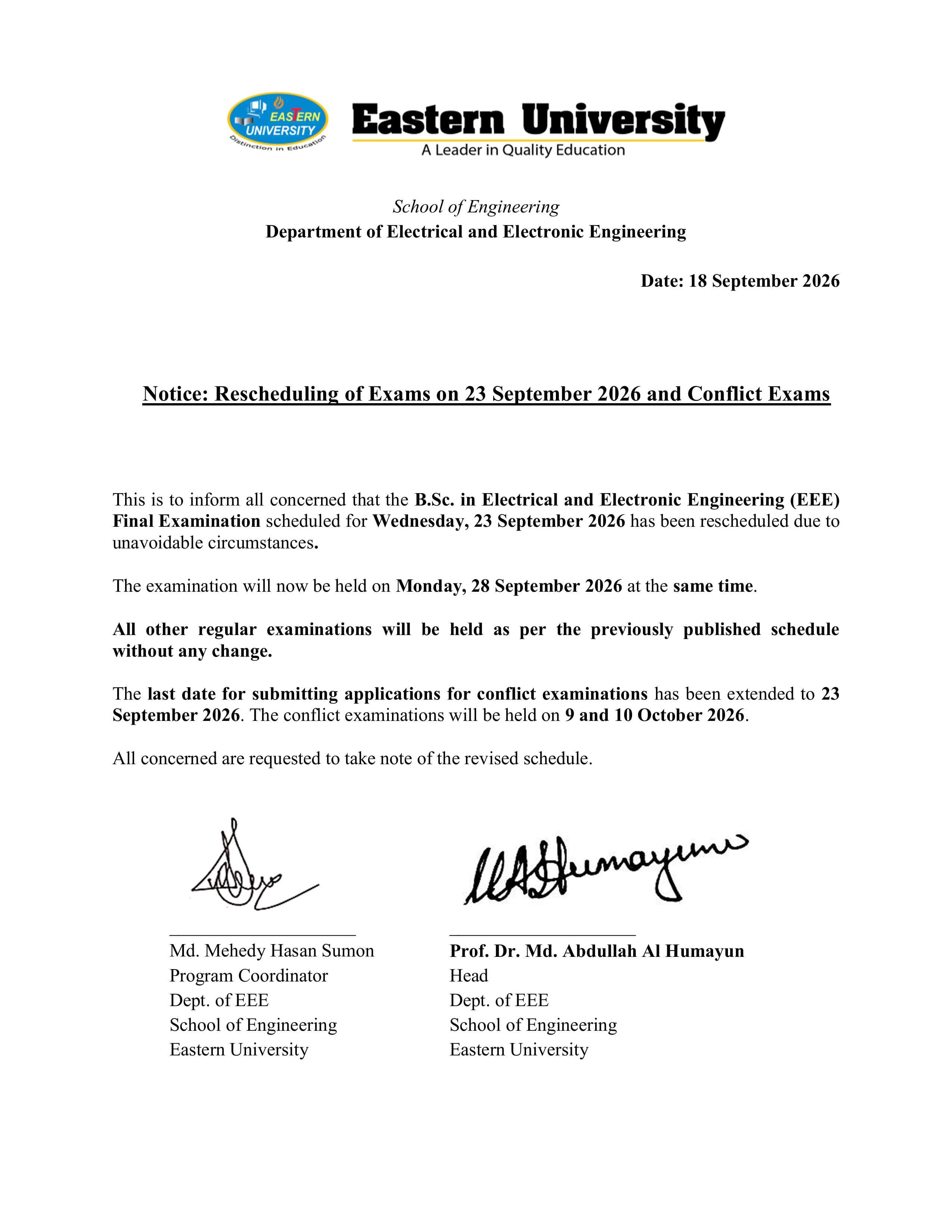 EEE Rescheduled Exam - 23/09/2026