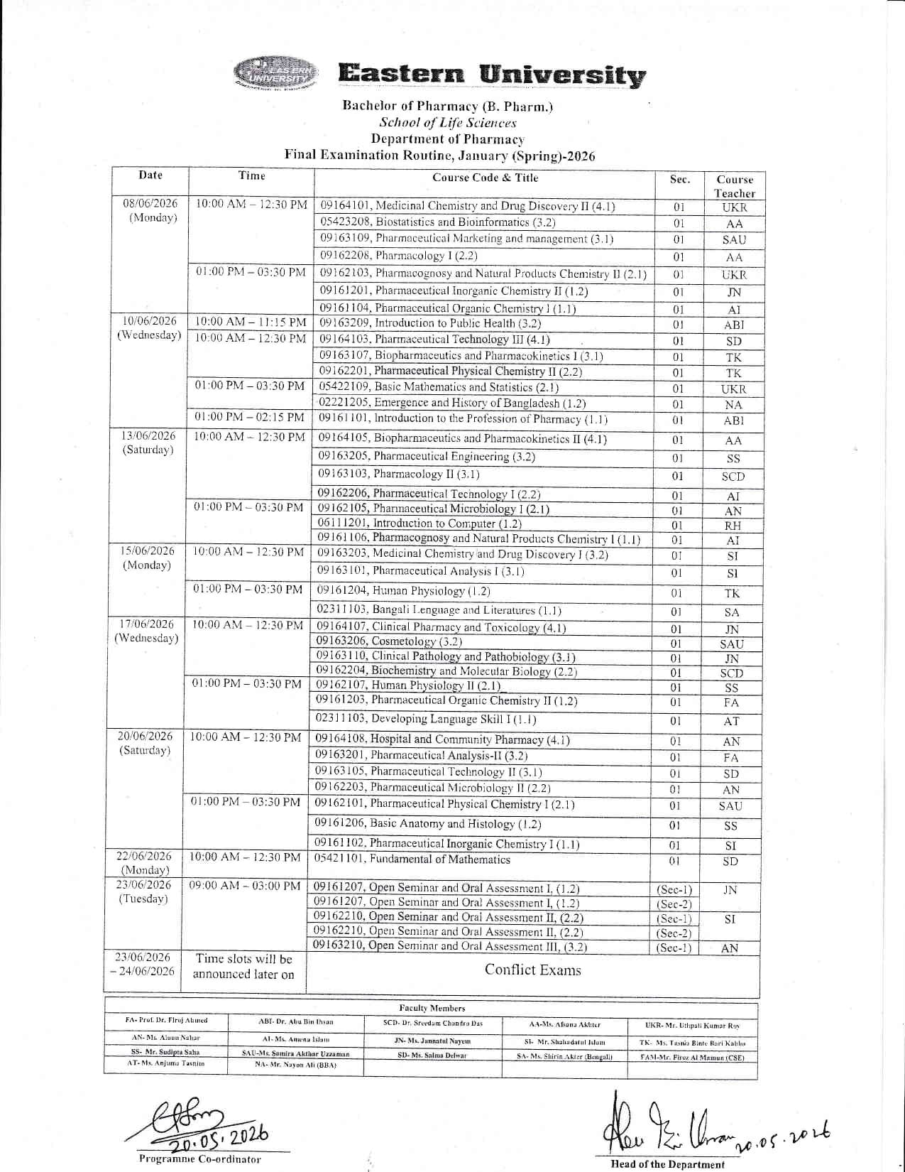 Final Examination Routine _ Dept of Pharmacy, Spring 2026