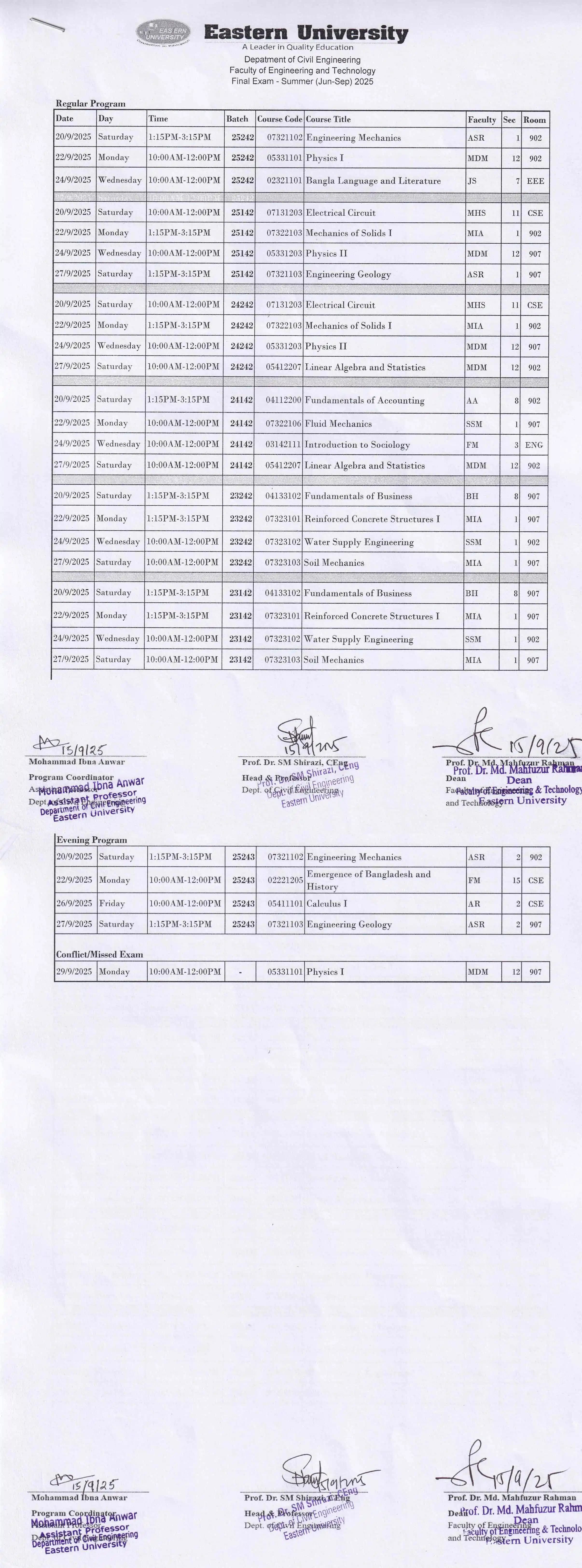 Revised Final Examination Routine of Civil Department, Summer 2025