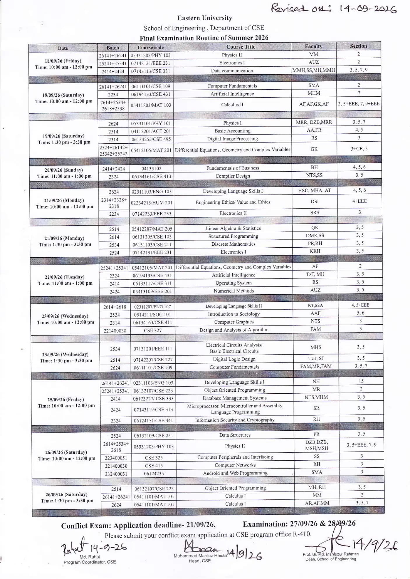 Revised Final Examination Routine Department of CSE, Summer-2026