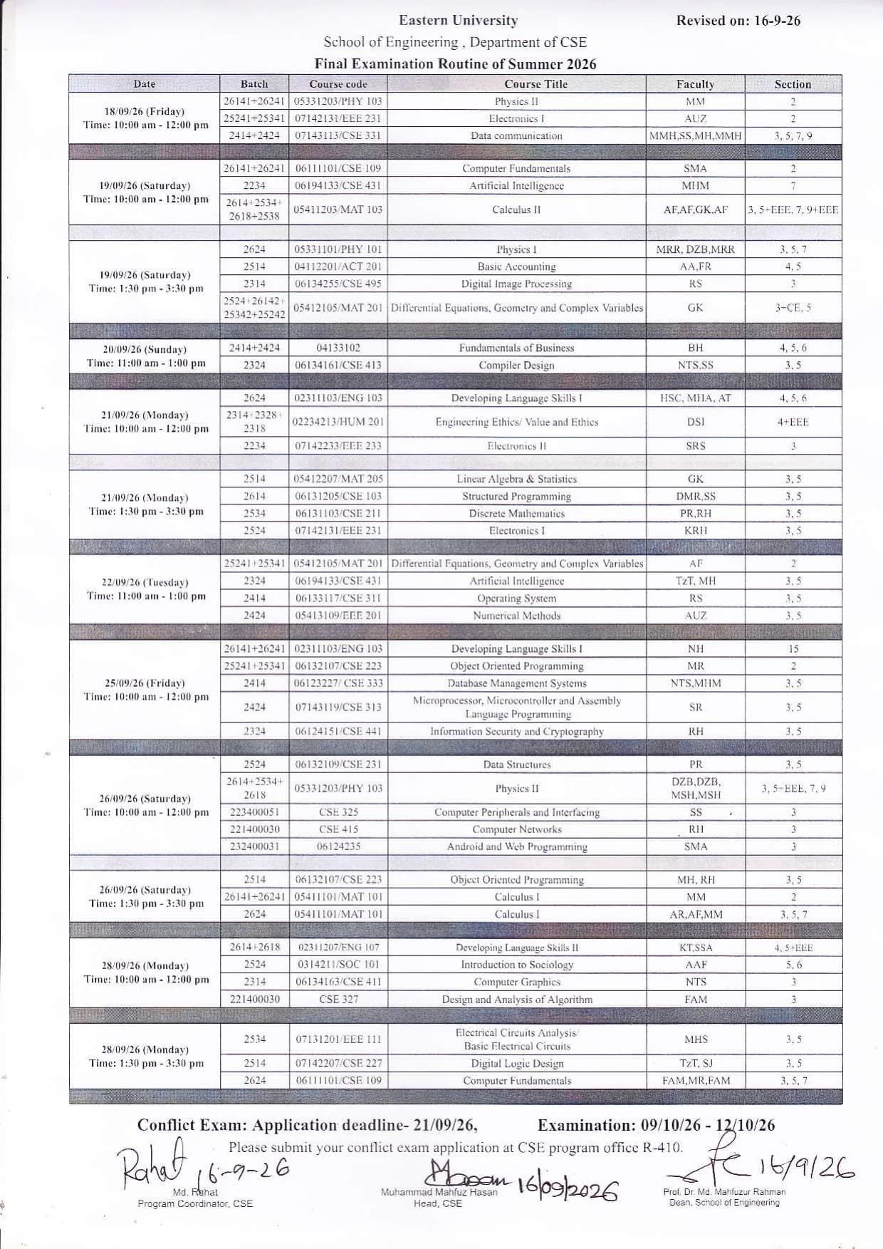 Final Exam Schedule Department of CSE (Revised),Summer-2026