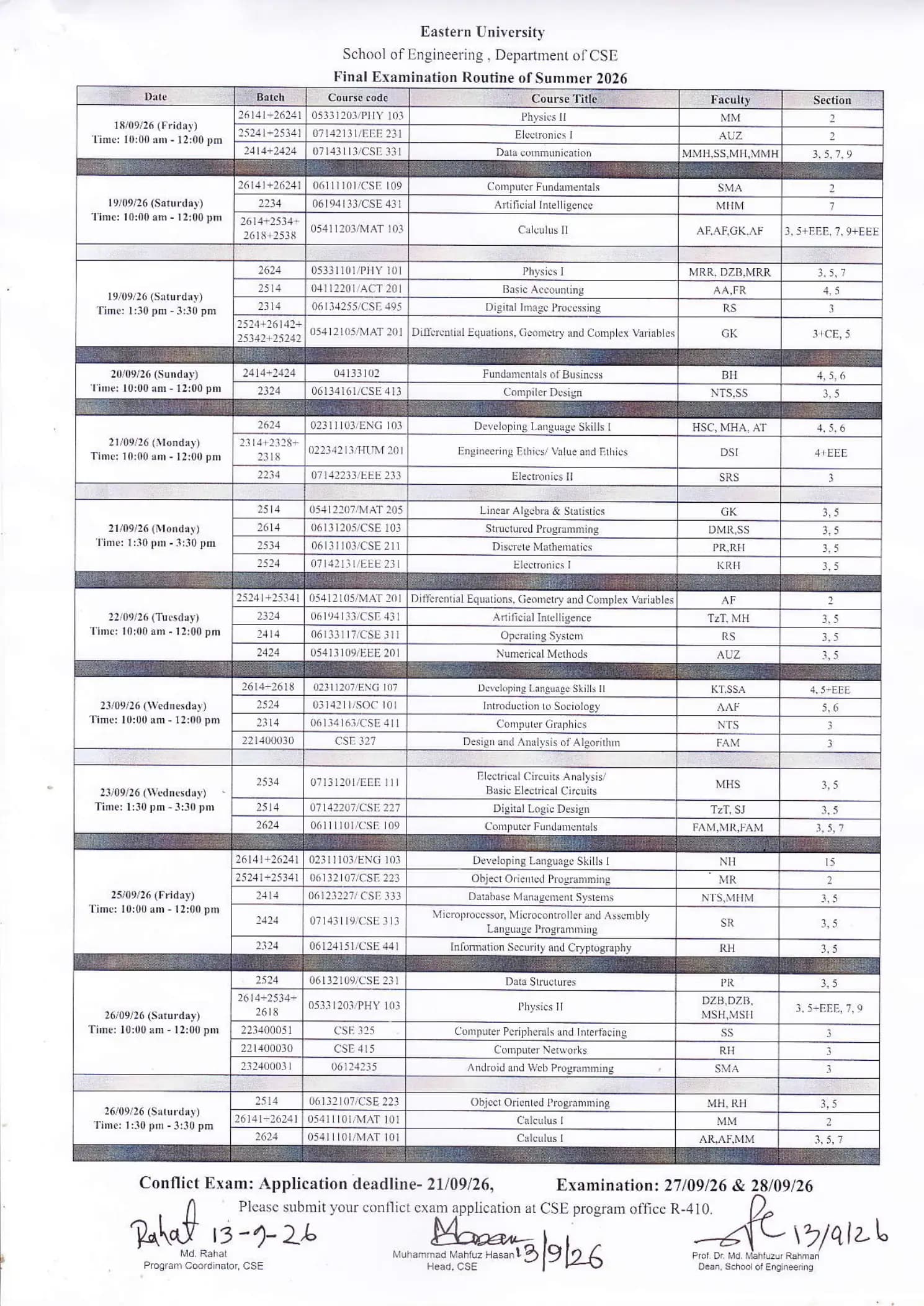 Final Examination Routine, Summer-2026 Department of CSE