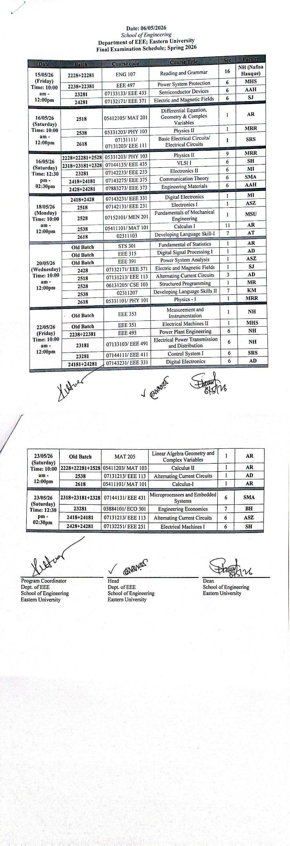 Final Examination Routine of EEE, Spring - 2026