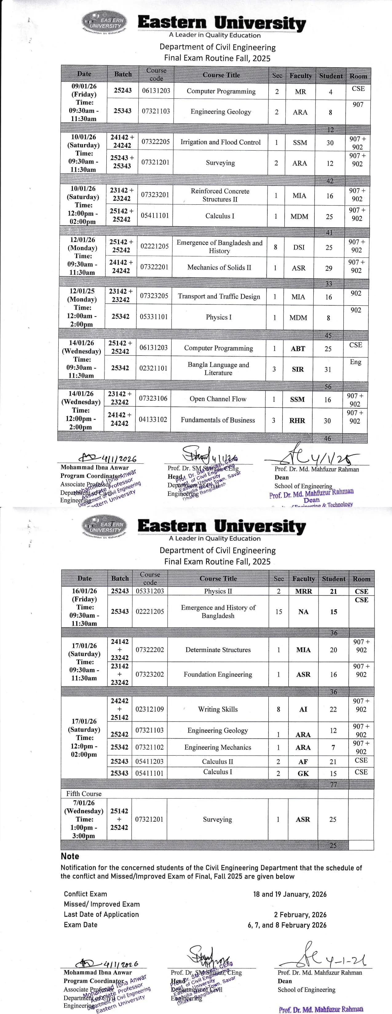 Final Examination Routine of Civil Engineering Department, Fall - 2025