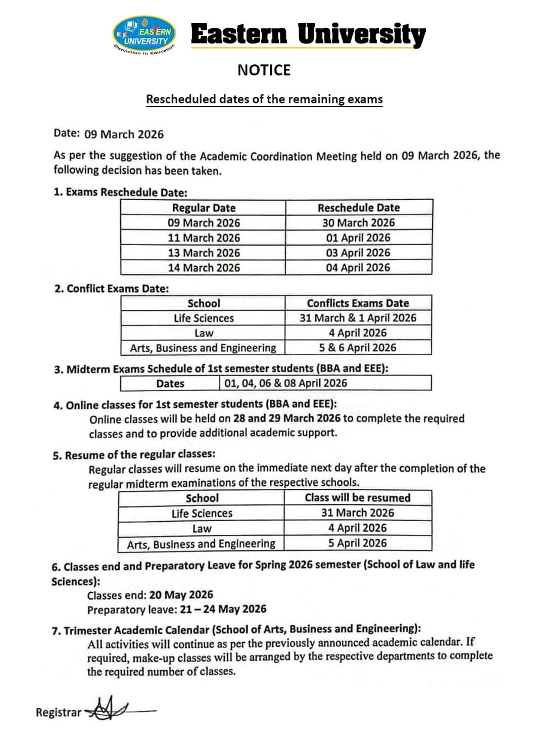 Reschedule date of the remaining exams and resume of regular classes